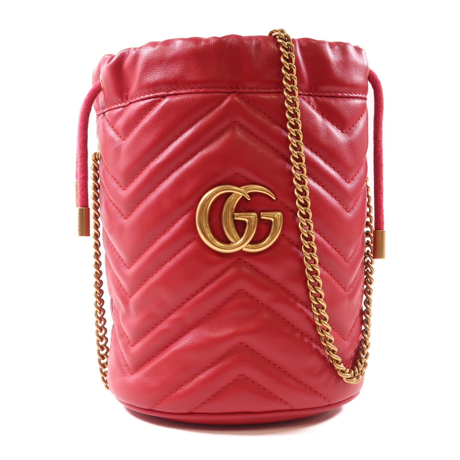 GUCCI GHW GG Marmont Bucket Chain Shoulder Bag 575163 Calfskin Leather Red