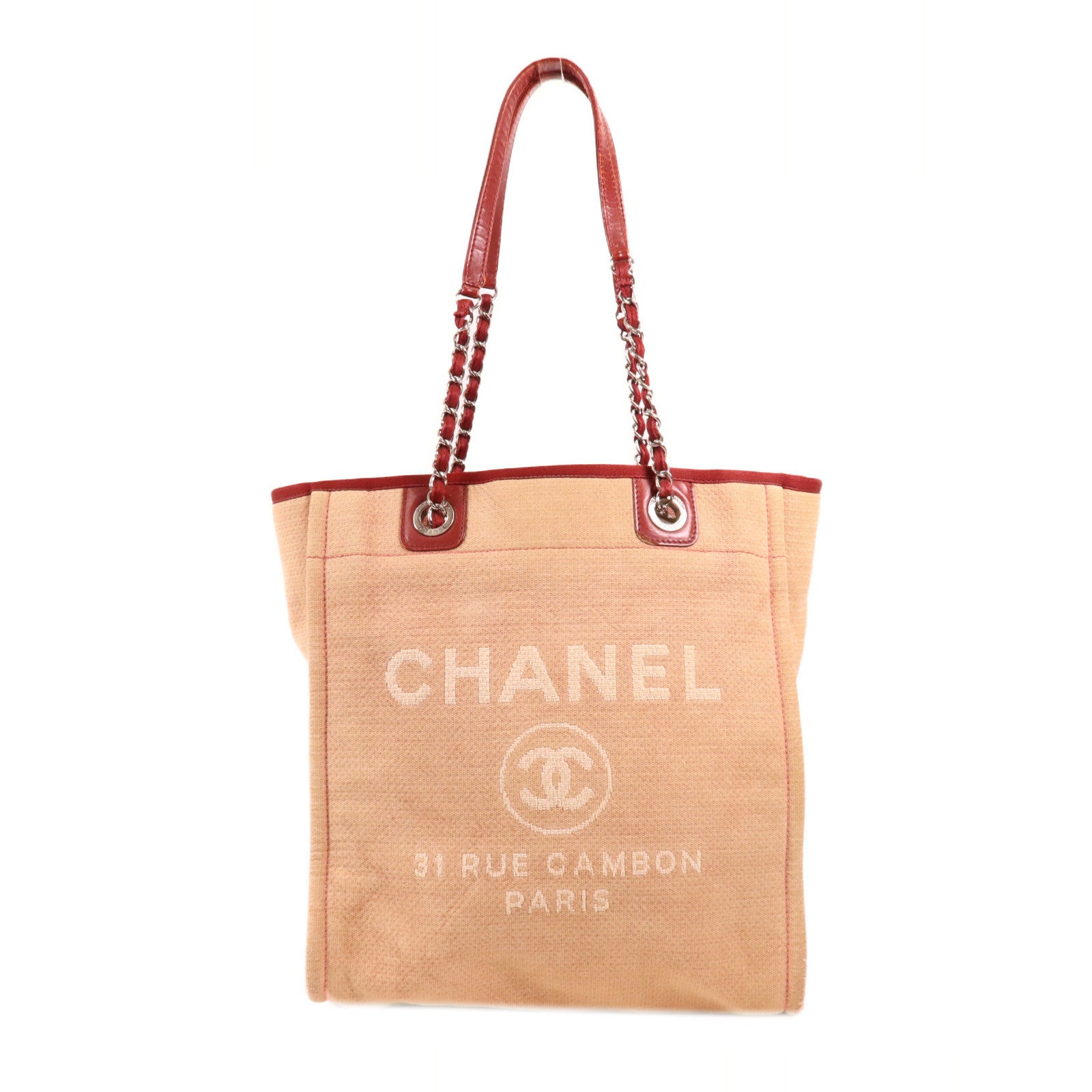 CHANEL 帆布Deauville Tote銀扣鏈帶肩背袋