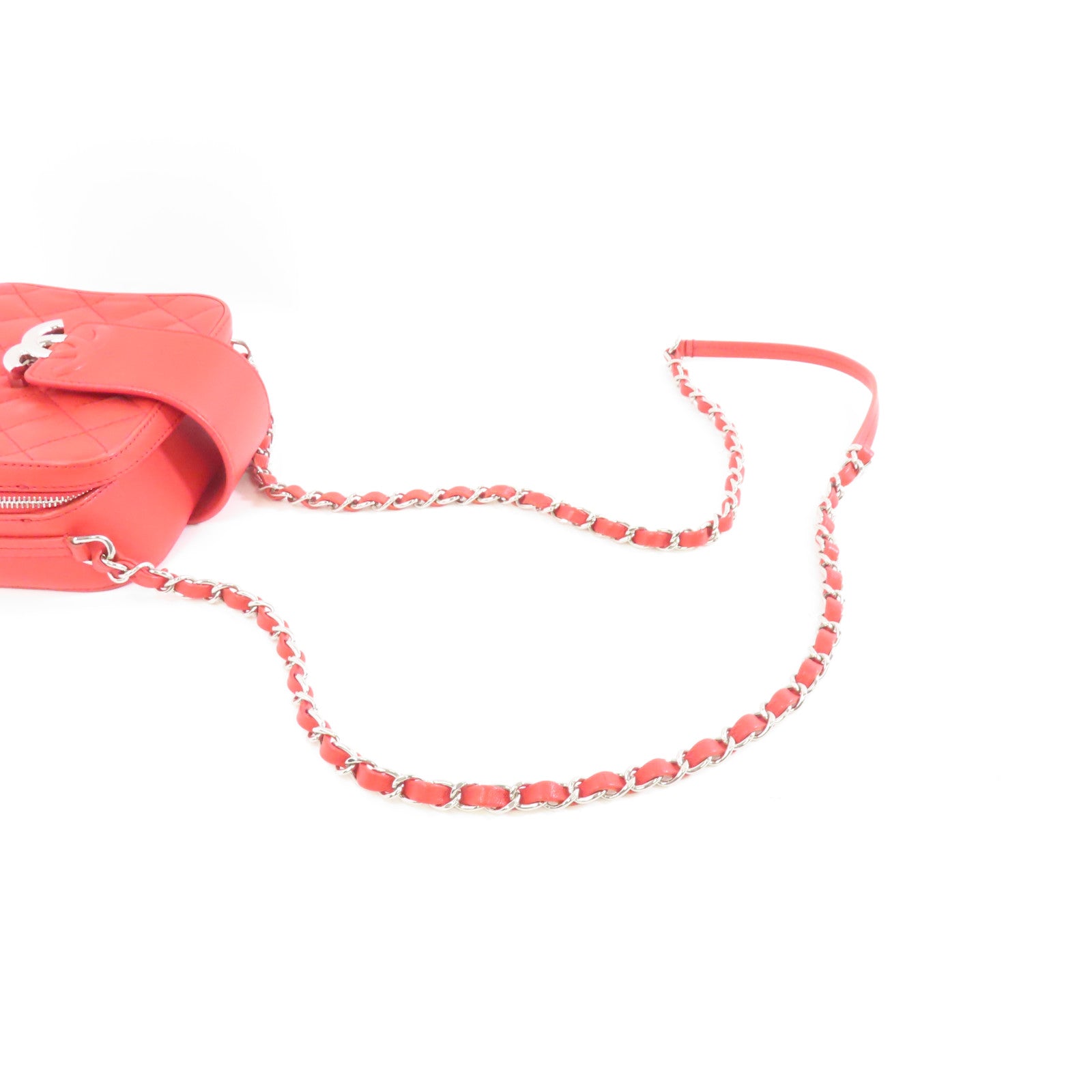 CHANEL 【激減優惠】菱格牛皮皮革Chains Shoulder銀扣鏈帶肩背袋紅色