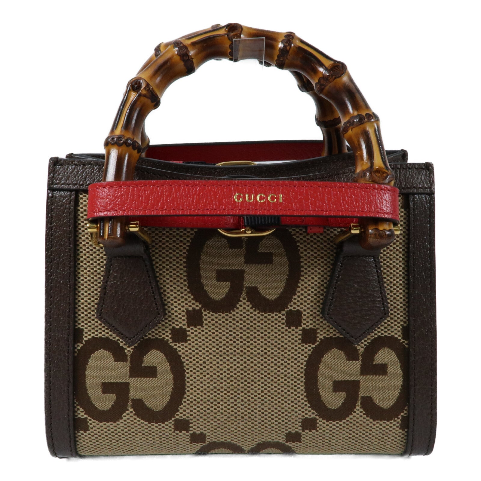 GUCCI 帆布/牛皮皮革Mini Diana Jumbo GG金扣手挽肩背兩用袋
