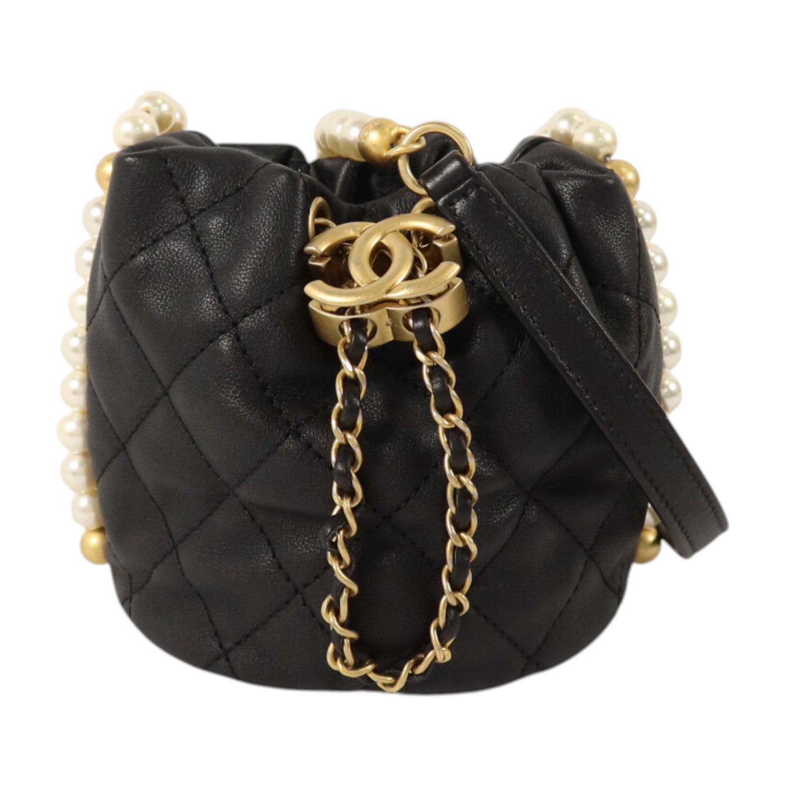CHANEL 牛皮皮革Mini Pearl Bucket Bag金扣鏈帶肩背袋