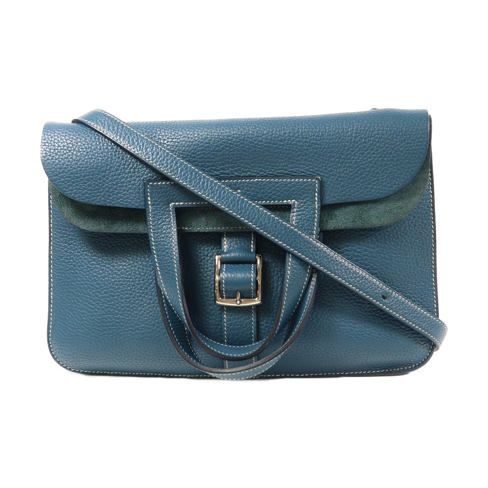 HERMES Clemence皮革Halzan 31銀扣手挽肩背兩用袋Bleu Ocean
