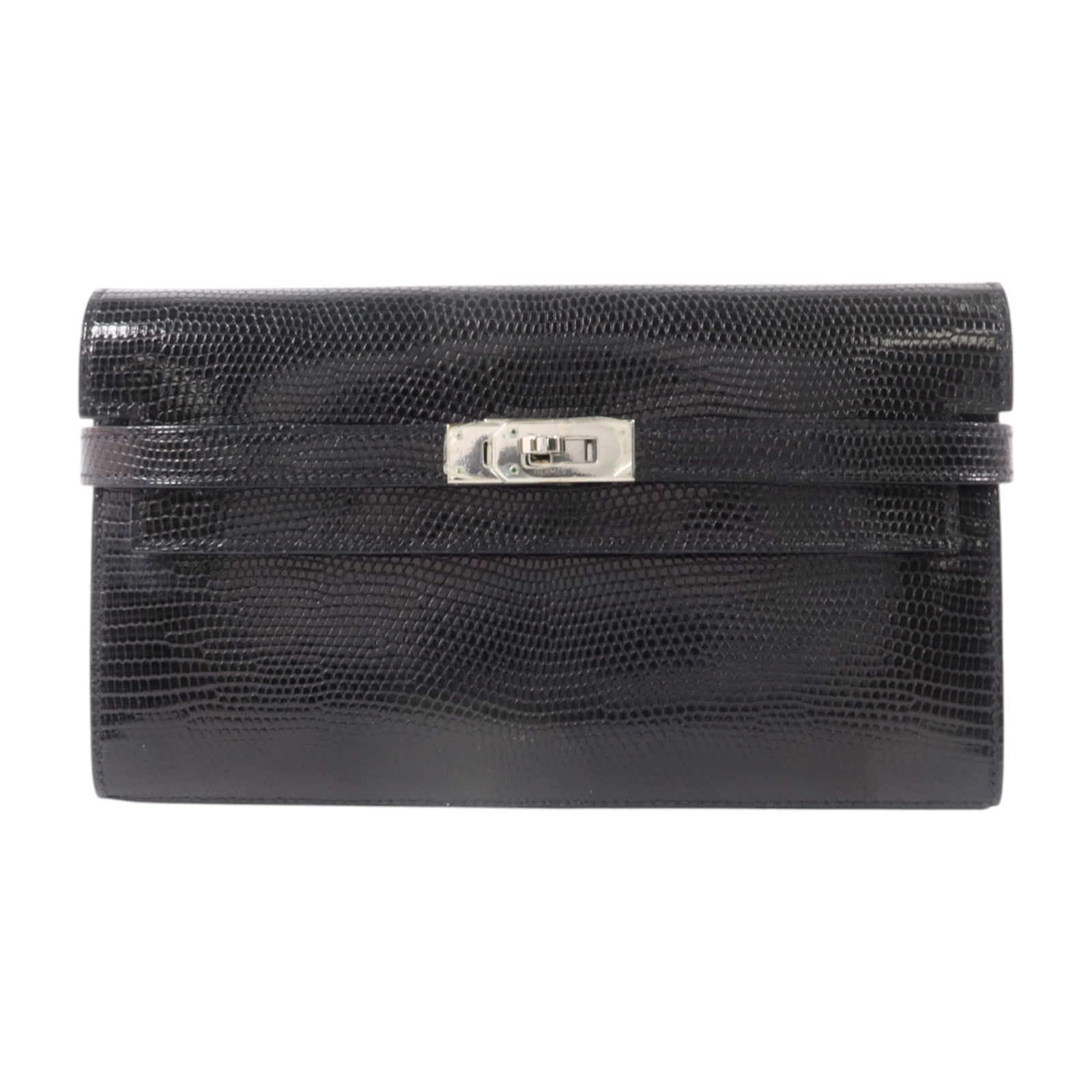HERMES 蜥蝪皮革Kelly Long Wallet銀扣長錢包Noir