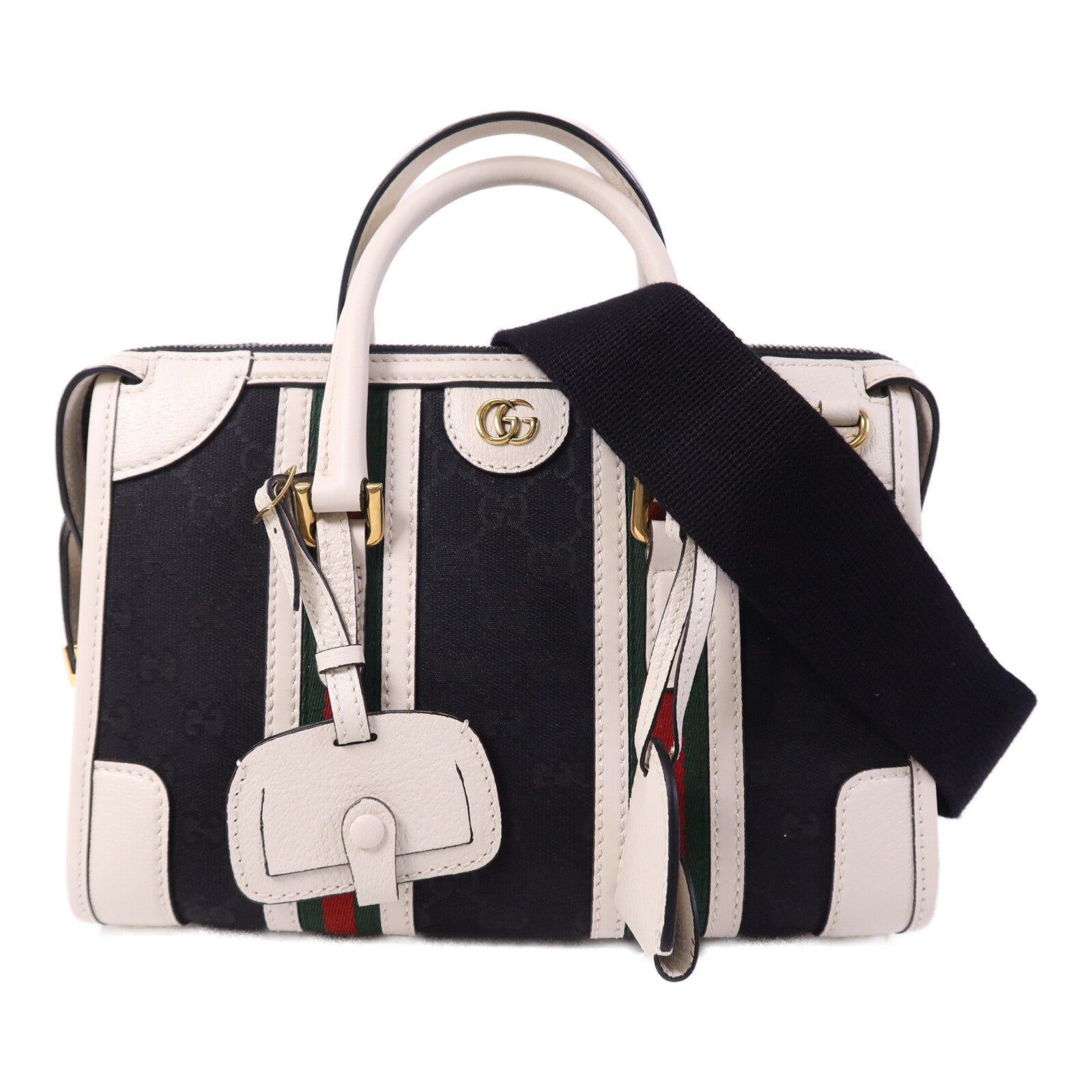 GUCCI 牛皮皮革/帆布Bauletto Small Top Handle金扣手挽肩背兩用袋