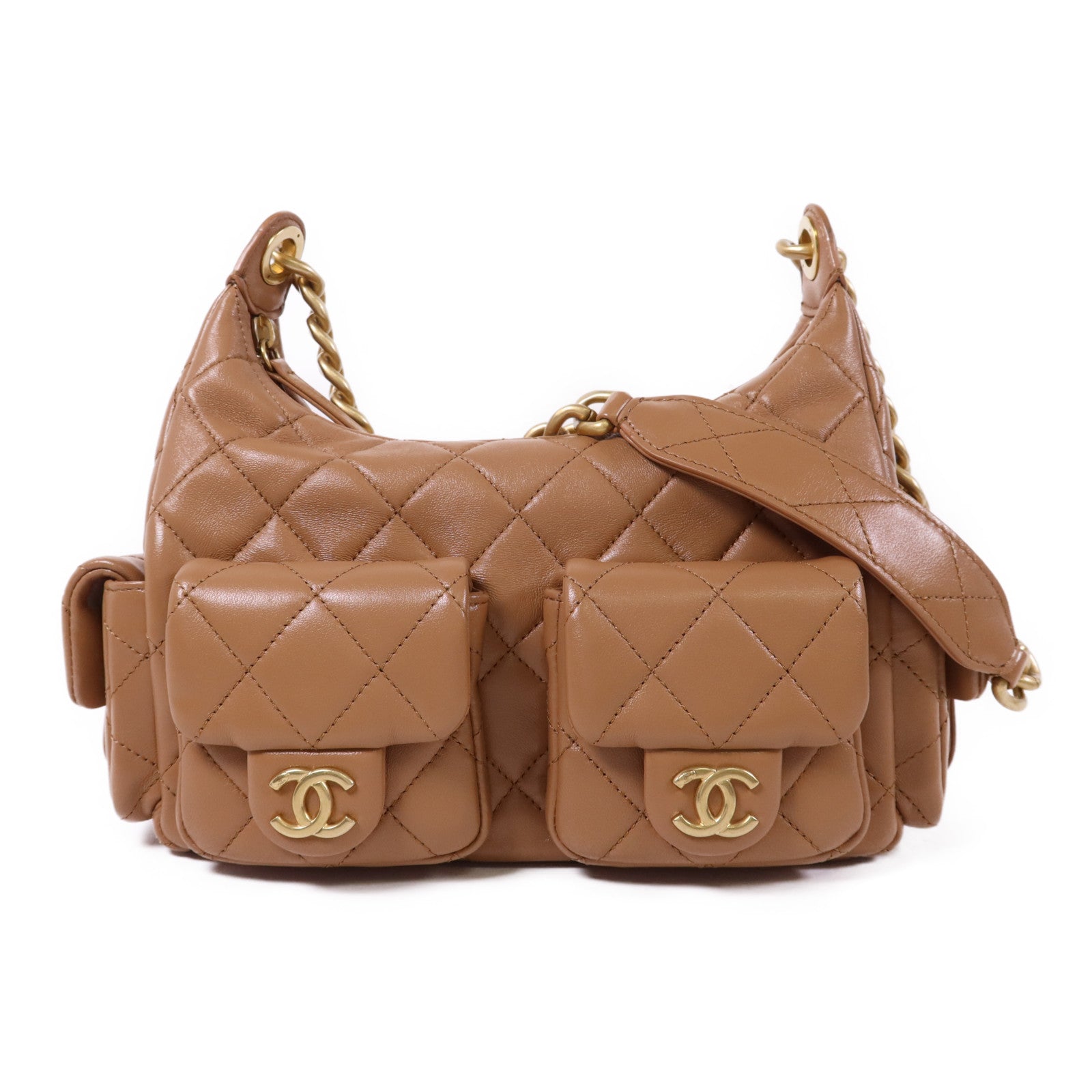 CHANEL 牛皮皮革Hobo Bag金扣鏈帶肩背袋