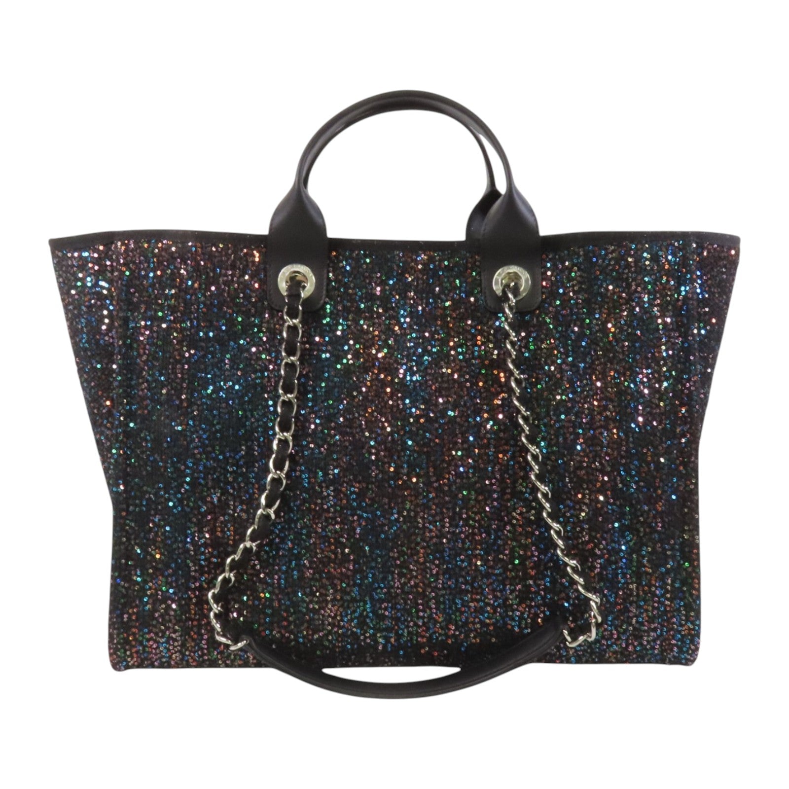 CHANEL 帆布/亮片Deauville Tote銀扣鏈帶手挽肩背兩用袋