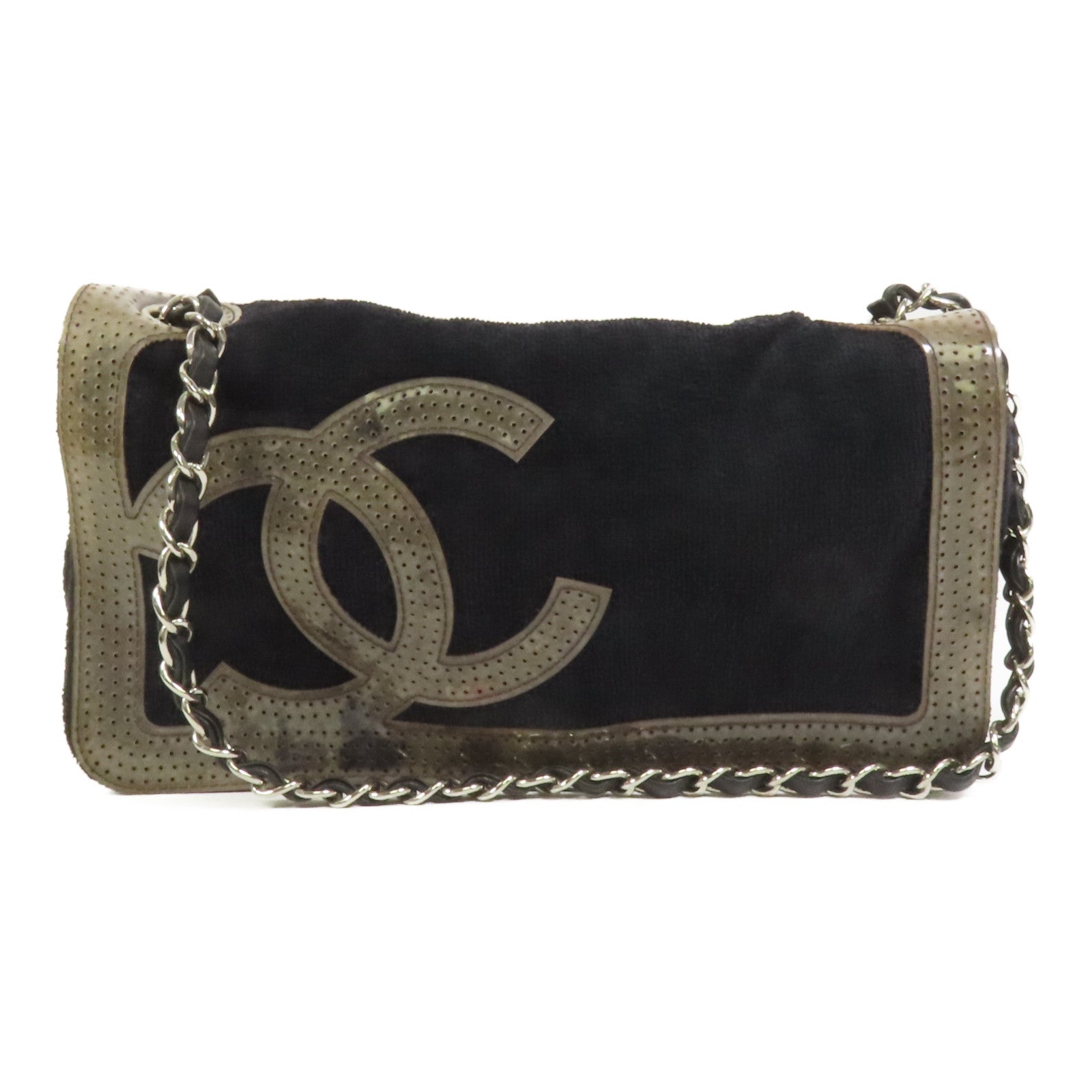CHANEL 棉質Chain Shoulder銀扣肩背袋