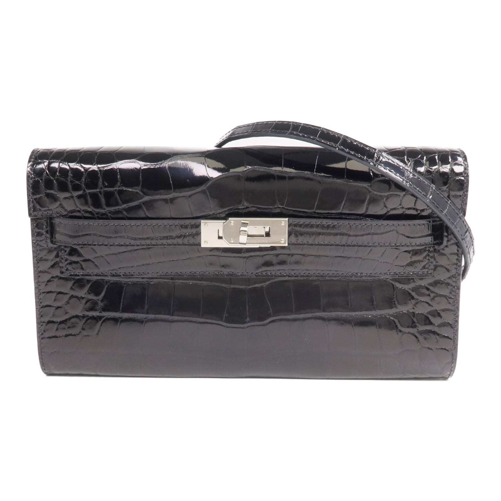 HERMES Alligator皮革Kelly To Go銀扣肩背袋Noir