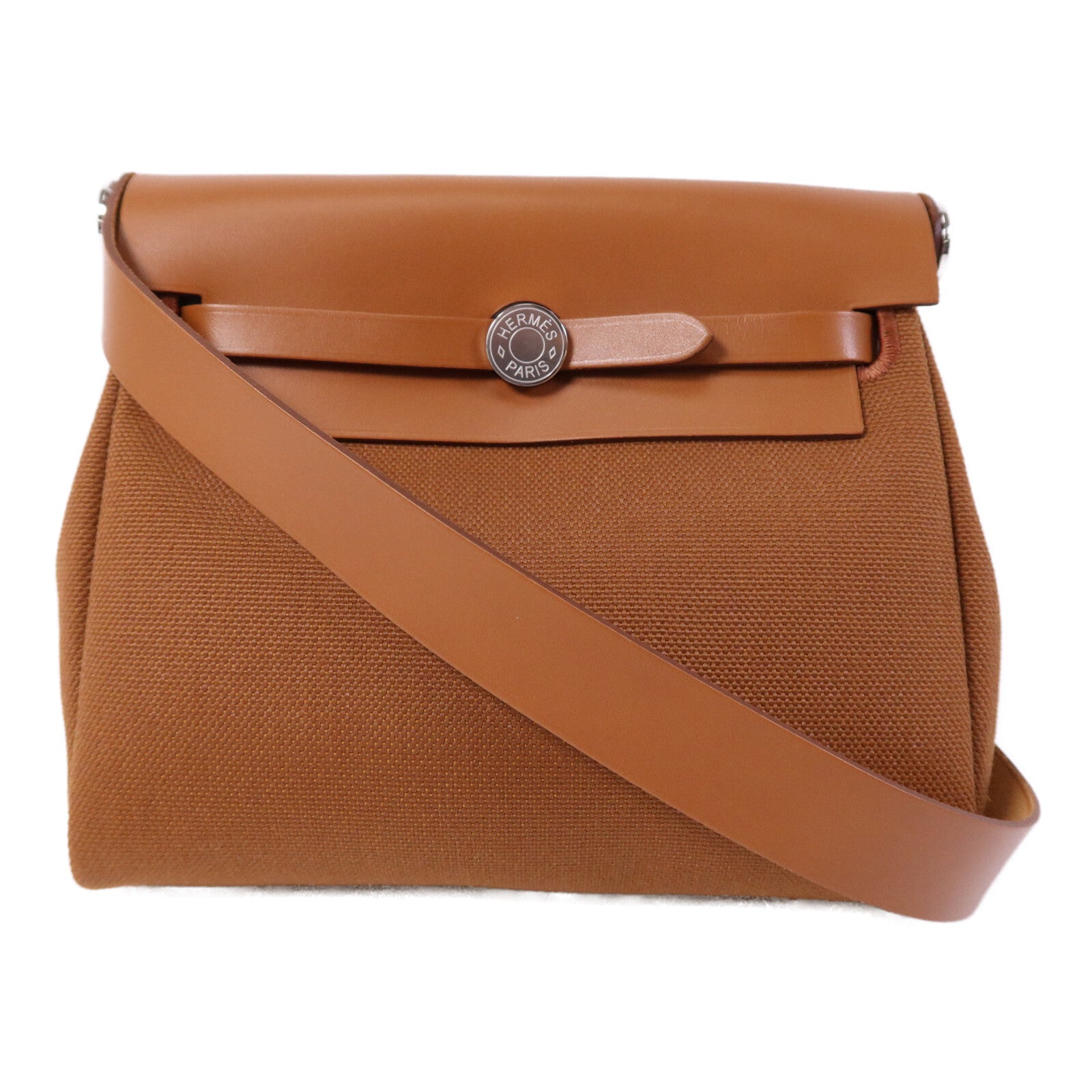 HERMES 帆布Mini Herbag銀扣肩背袋Fauve