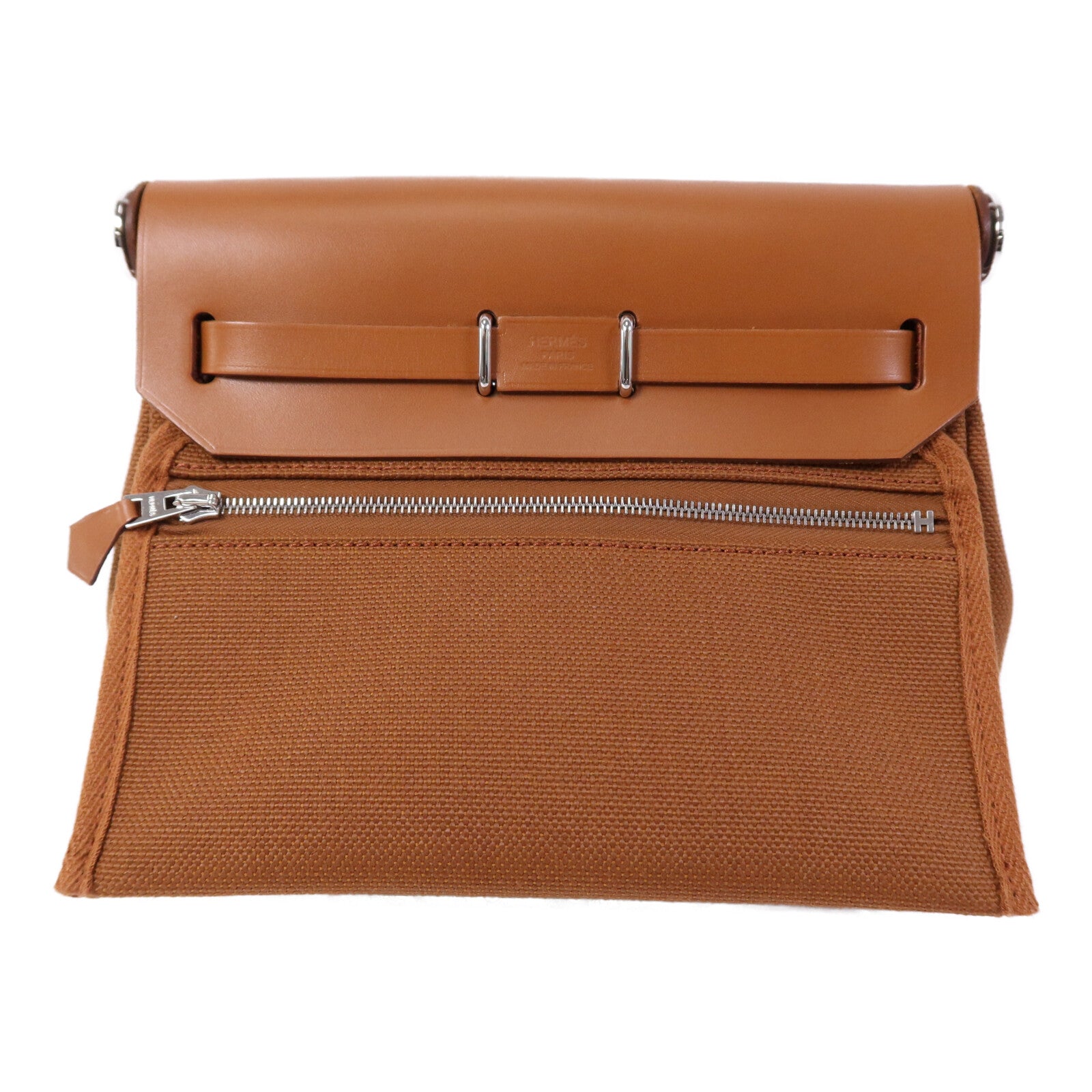 HERMES 帆布Mini Herbag銀扣肩背袋Fauve