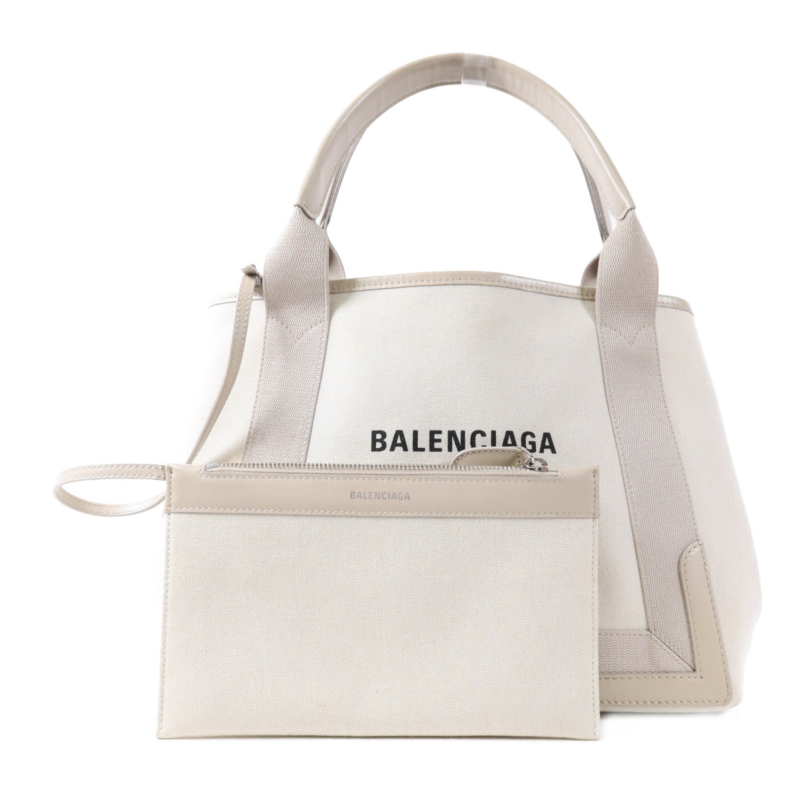 BALENCIAGA SHW Navy Cabas Small Tote Bag Handbag Canvas Beige/Grey