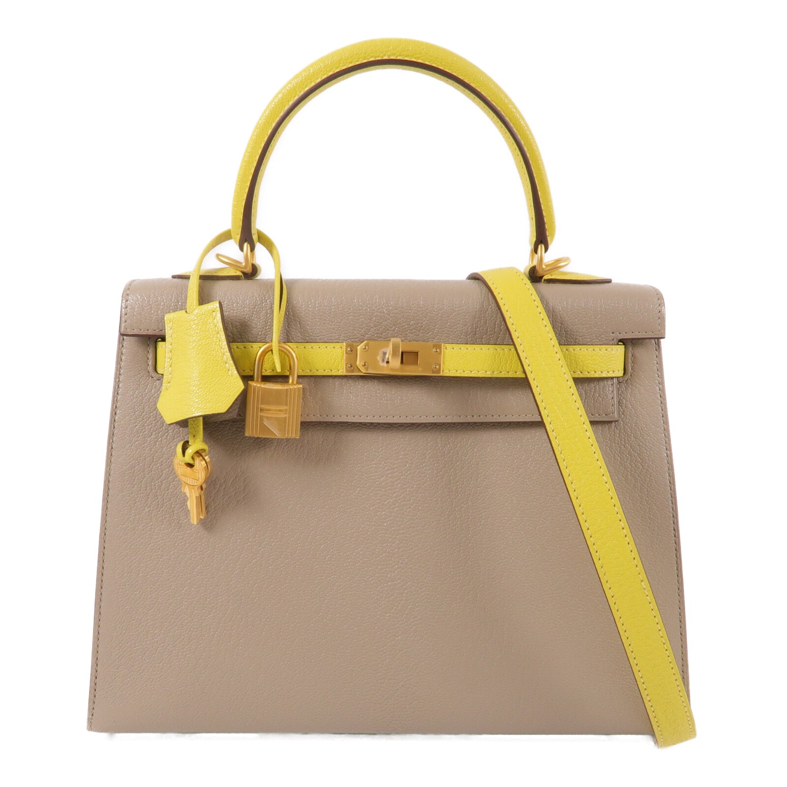 HERMES Chevre皮革Kelly 25手挽肩背兩用袋Gris Asphalte/Lime