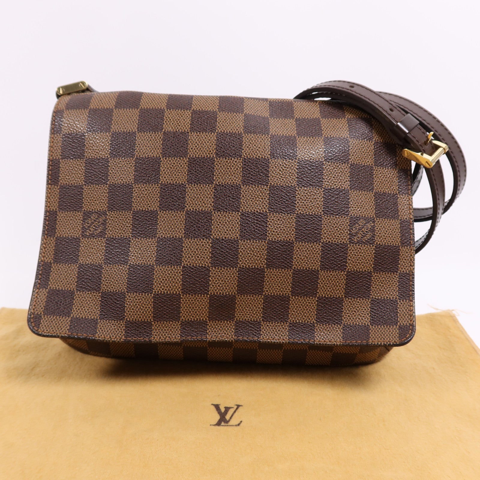 LOUIS VUITTON Damier Musette Tango金扣肩背袋棕色
