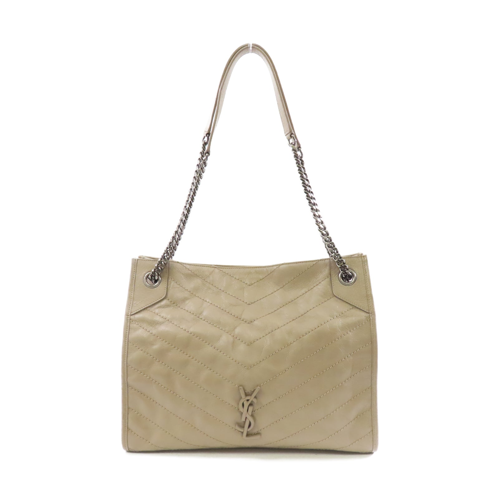 SAINT LAURENT 牛皮皮革Niki Shopping Medium Bag銀扣鏈帶肩背袋米色