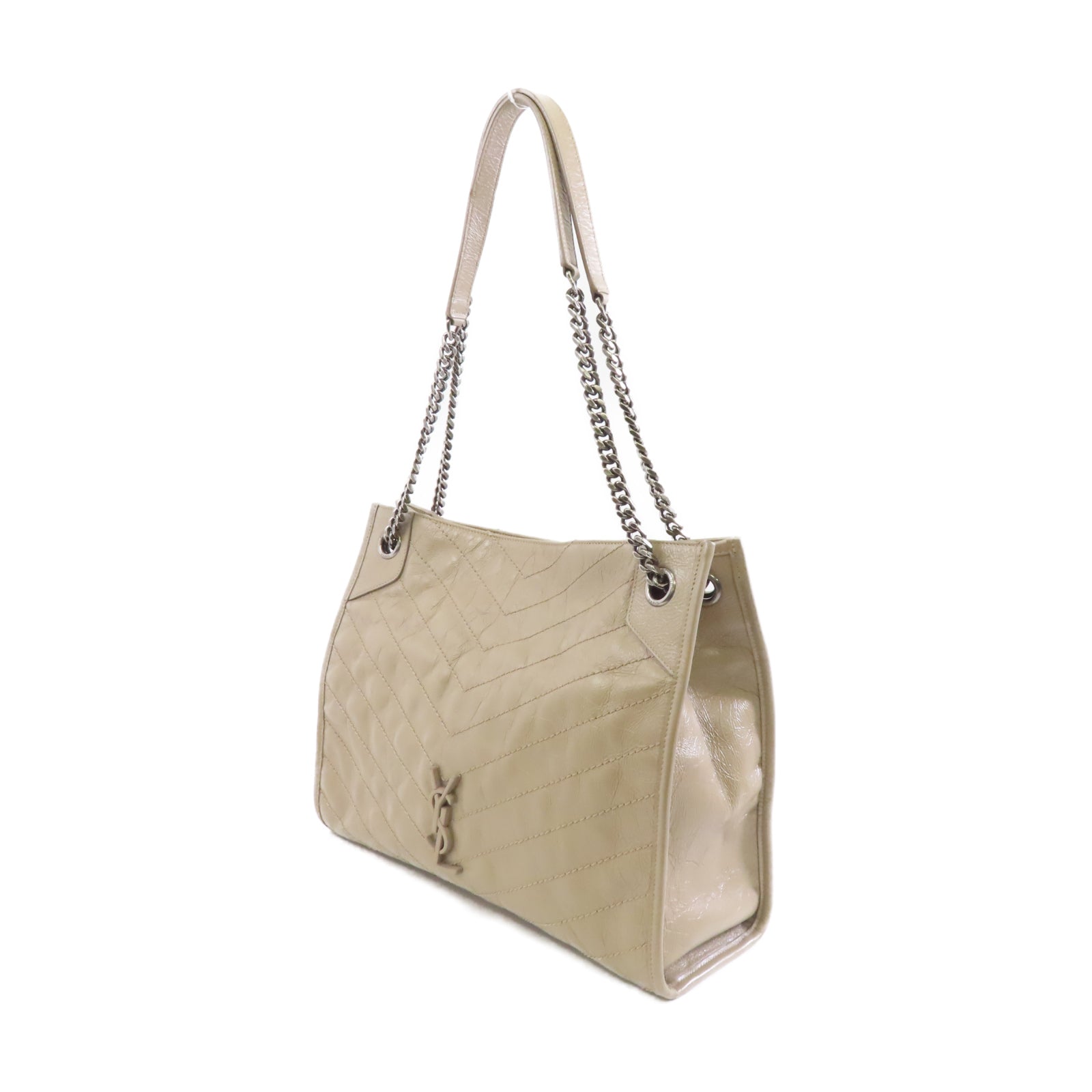 SAINT LAURENT 牛皮皮革Niki Shopping Medium Bag銀扣鏈帶肩背袋米色