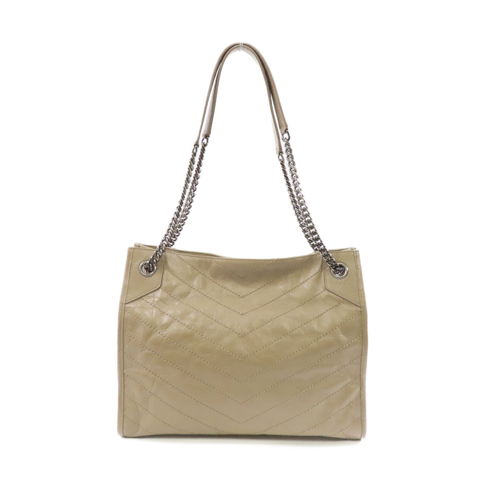 SAINT LAURENT 牛皮皮革Niki Shopping Medium Bag銀扣鏈帶肩背袋米色