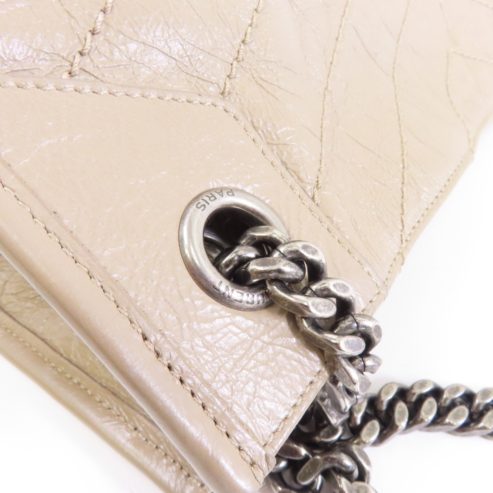 SAINT LAURENT 牛皮皮革Niki Shopping Medium Bag銀扣鏈帶肩背袋米色