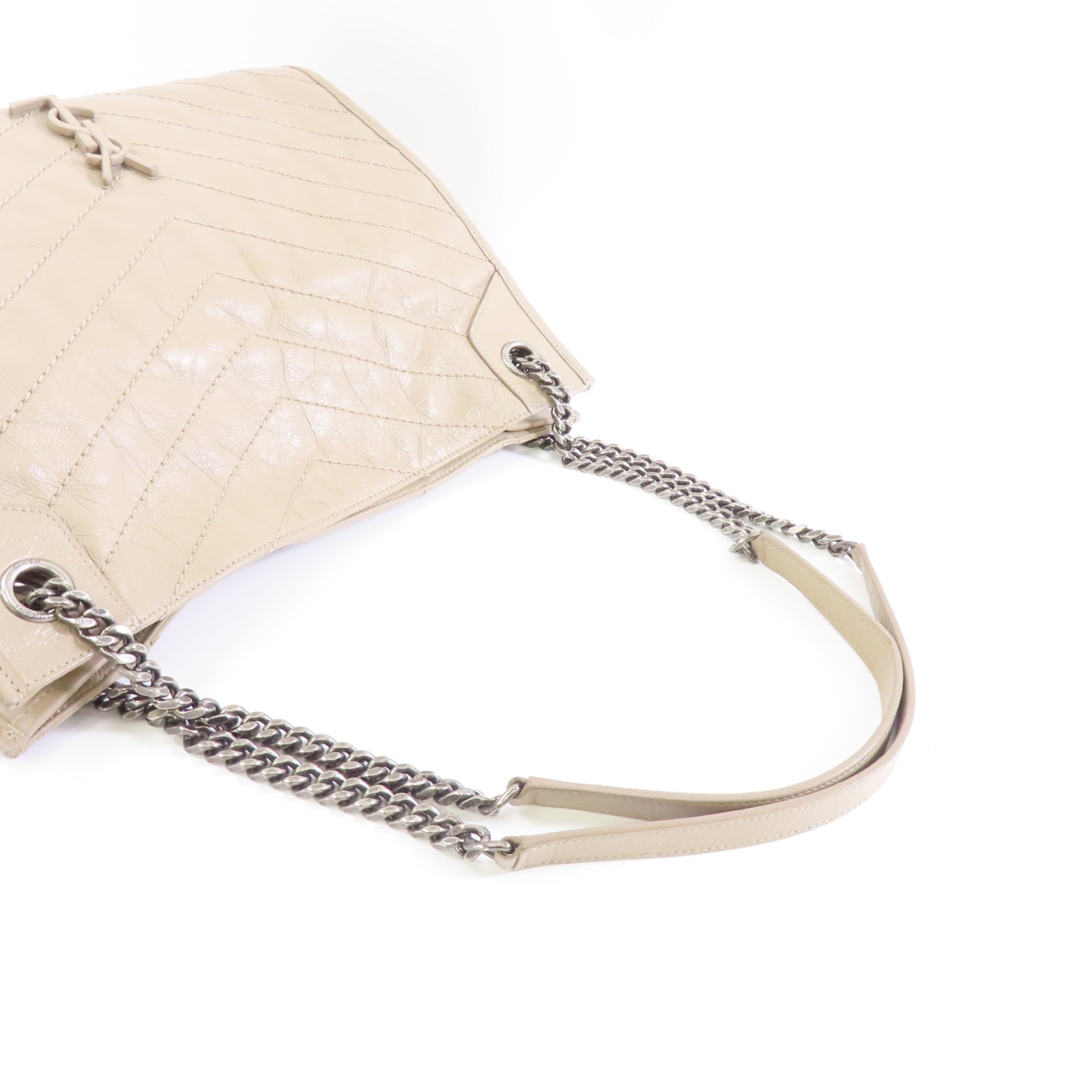 SAINT LAURENT 牛皮皮革Niki Shopping Medium Bag銀扣鏈帶肩背袋米色