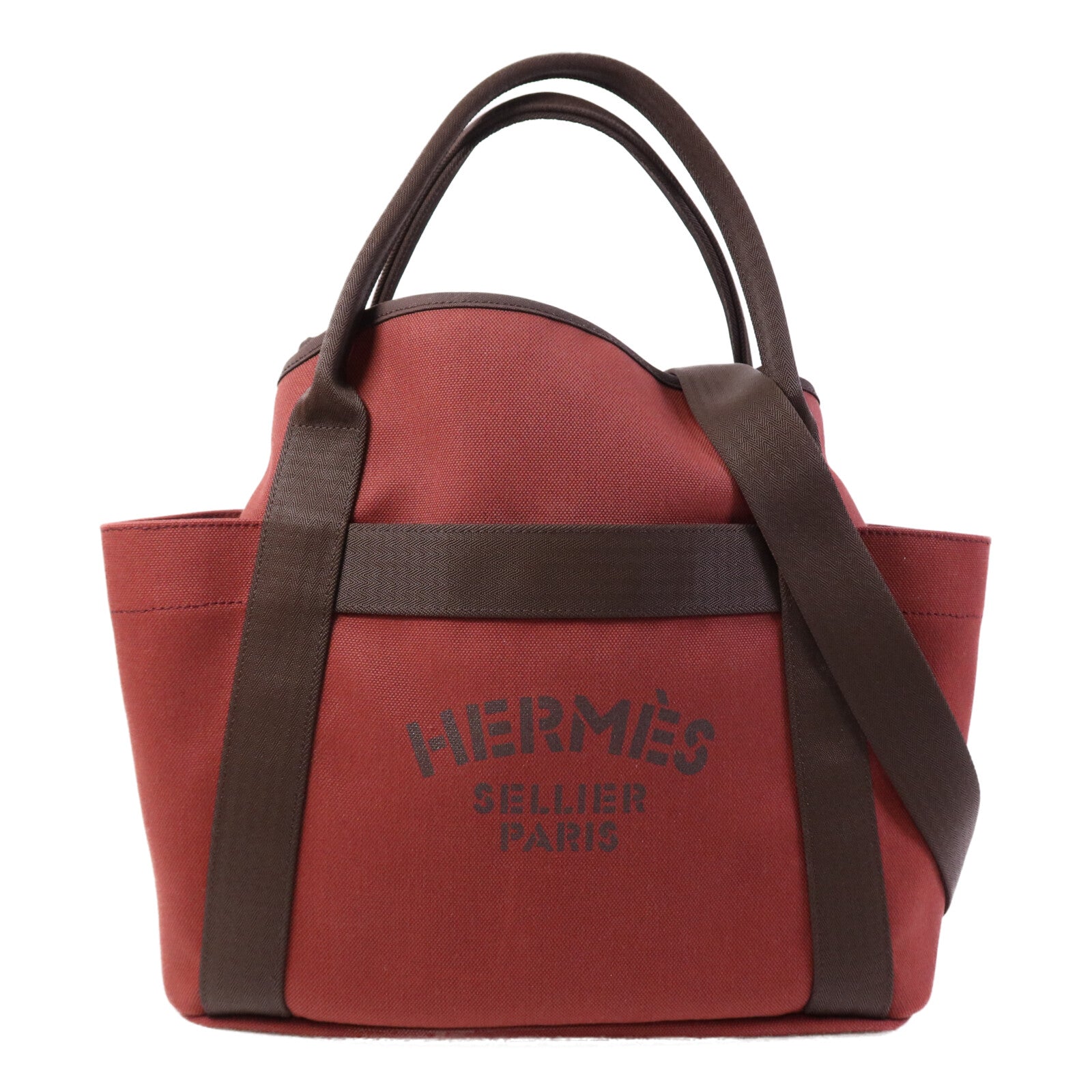HERMES 【激減優惠】帆布Grooming Bag銀扣手挽肩背兩用袋Rouge H/Chocolat