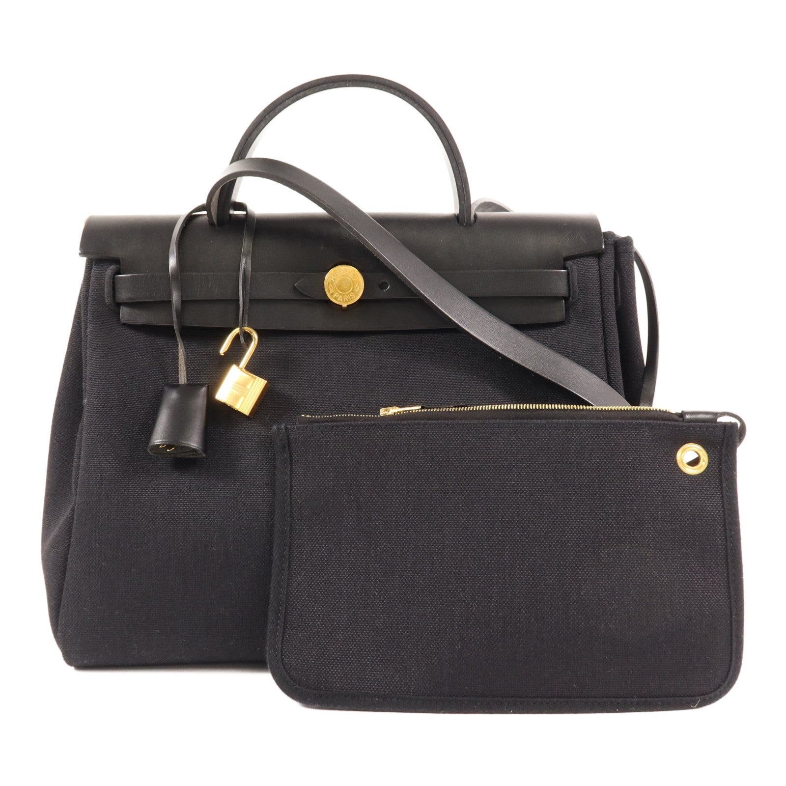 HERMES 帆布/皮革Herbag PM金扣手挽肩背兩用袋Noir