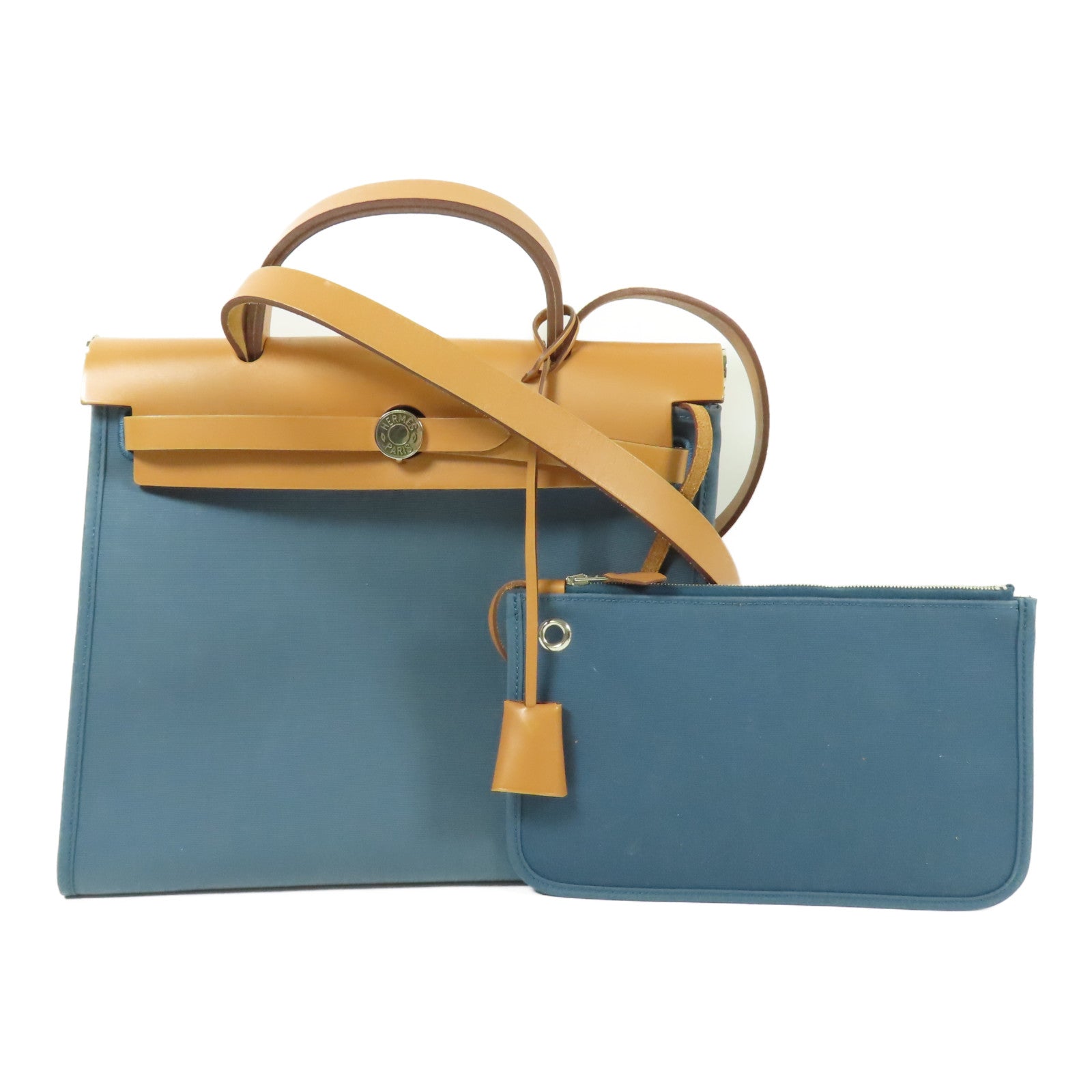 HERMES 帆布Herbag PM銀扣手挽肩背兩用袋Bleu Izmir