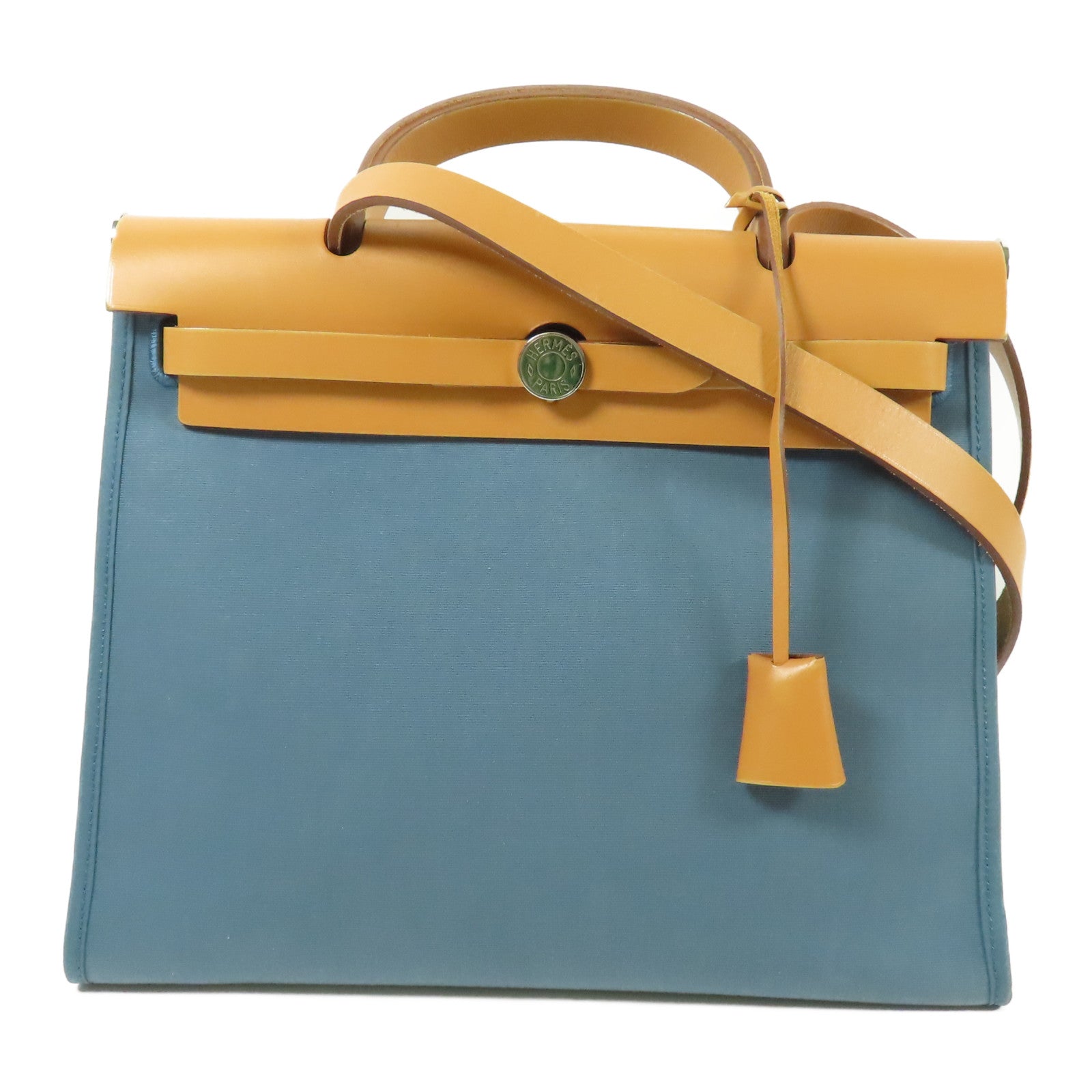 HERMES 帆布Herbag PM銀扣手挽肩背兩用袋Bleu Izmir