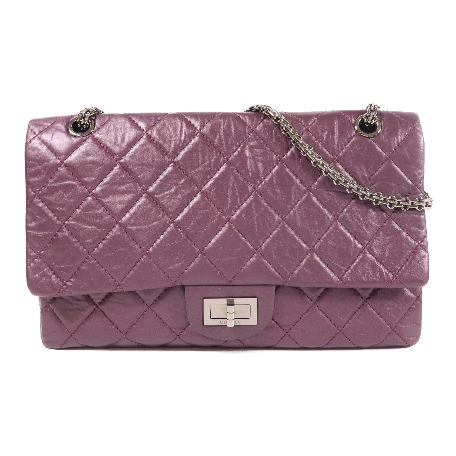 CHANEL CC SHW 2.55 Jumbo Chain Shoulder Bag Calfskin Leather Purple