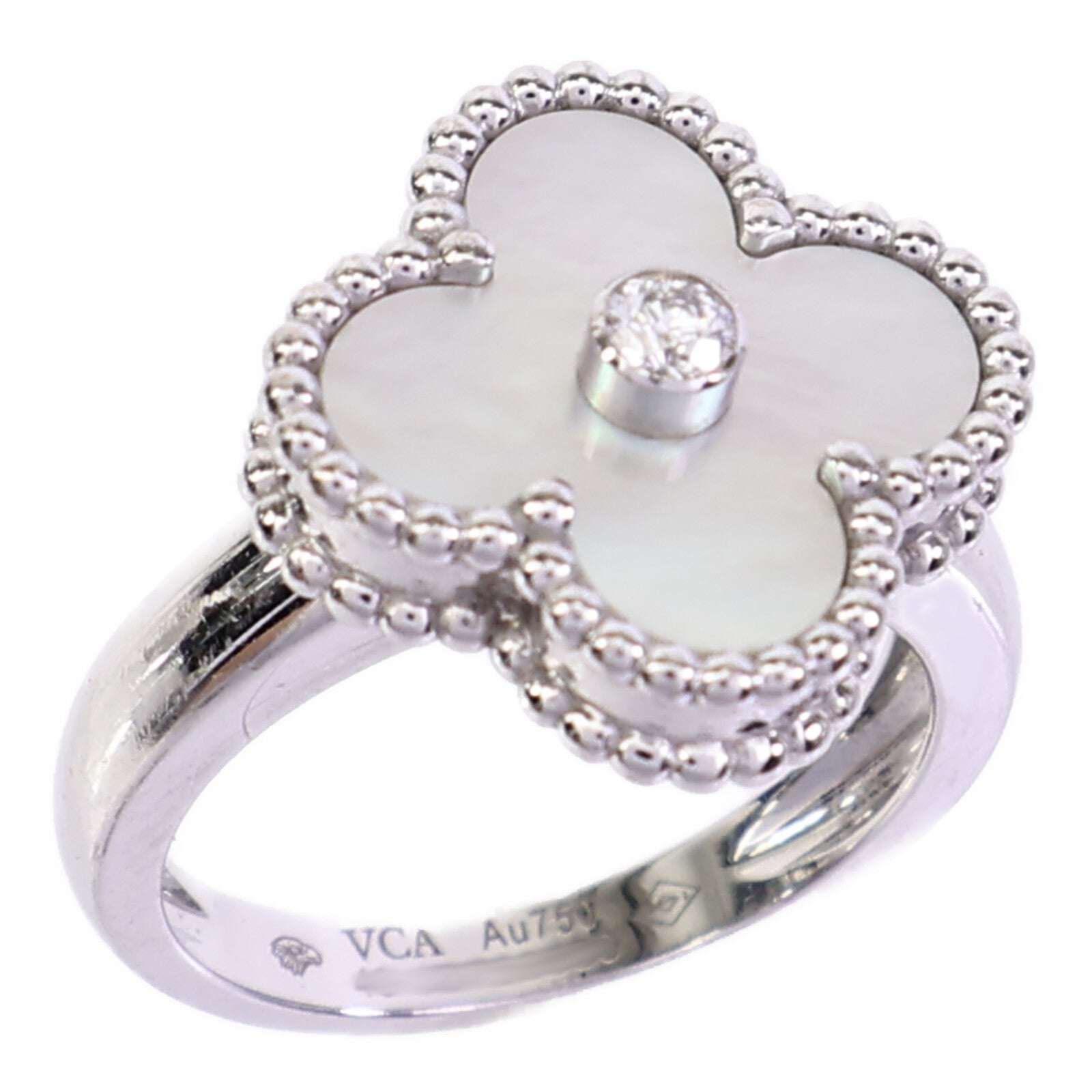 Van Cleef & Arpels 18K白金Vintage Alhambra Diamond Ring鑽石/珍珠母貝戒指
