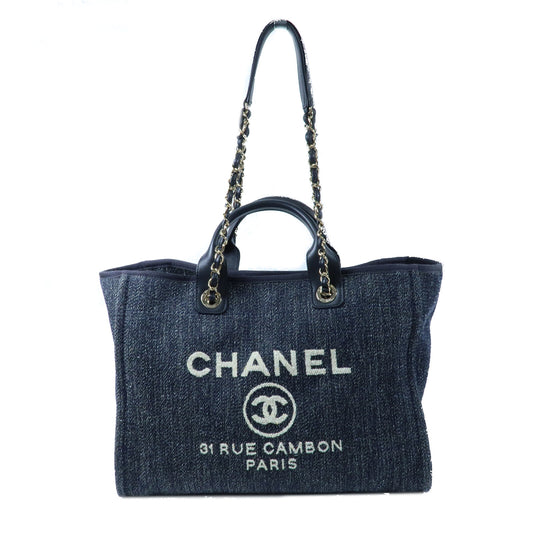 CHANEL 帆布Deauville Tote銀扣鏈帶手挽肩背兩用袋