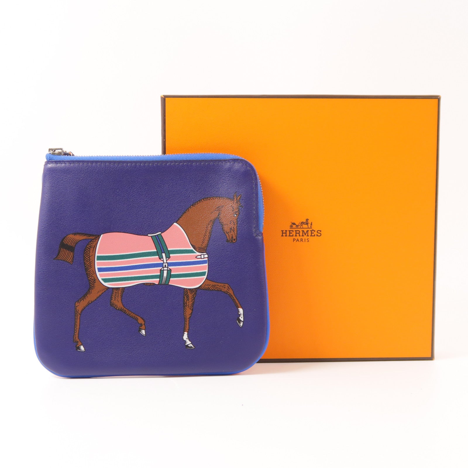 HERMES Swift皮革Carre Pocket銀扣手拿包Navy