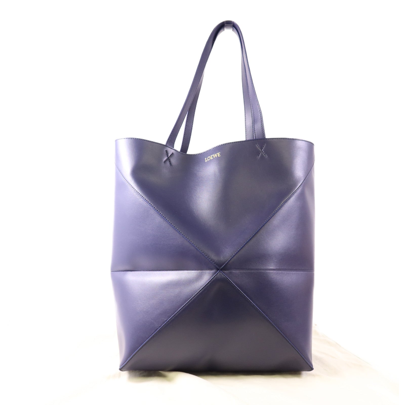 LOEWE XL Puzzle Fold Tote Shoulder Bag Calfskin Leather Navy