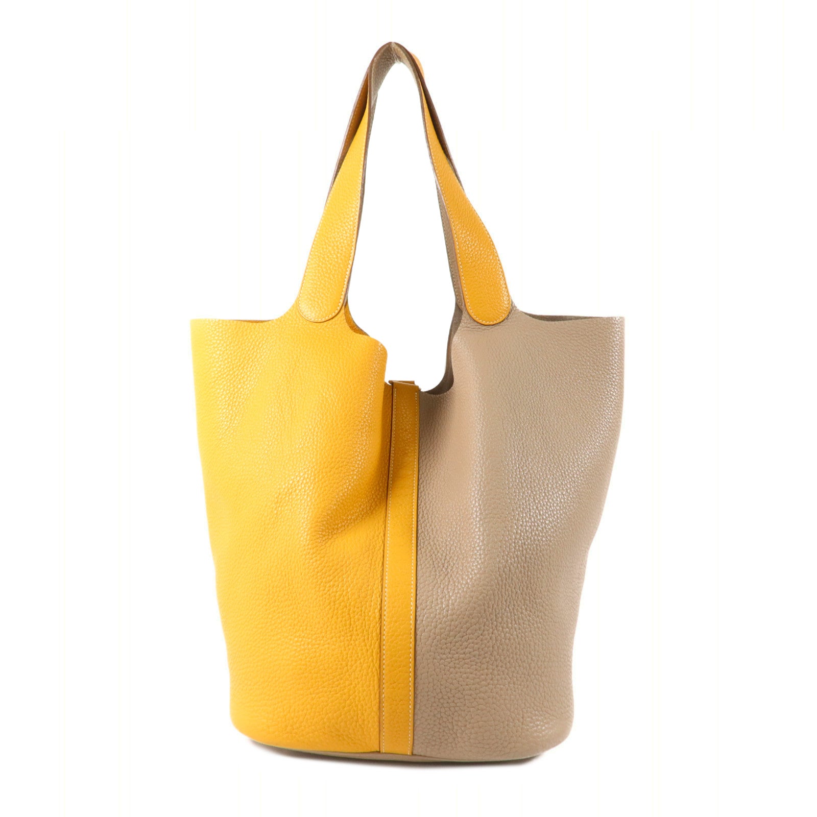 HERMES Clemence皮革Picotin TGM手挽袋Gris Tourterelle/Moutarde