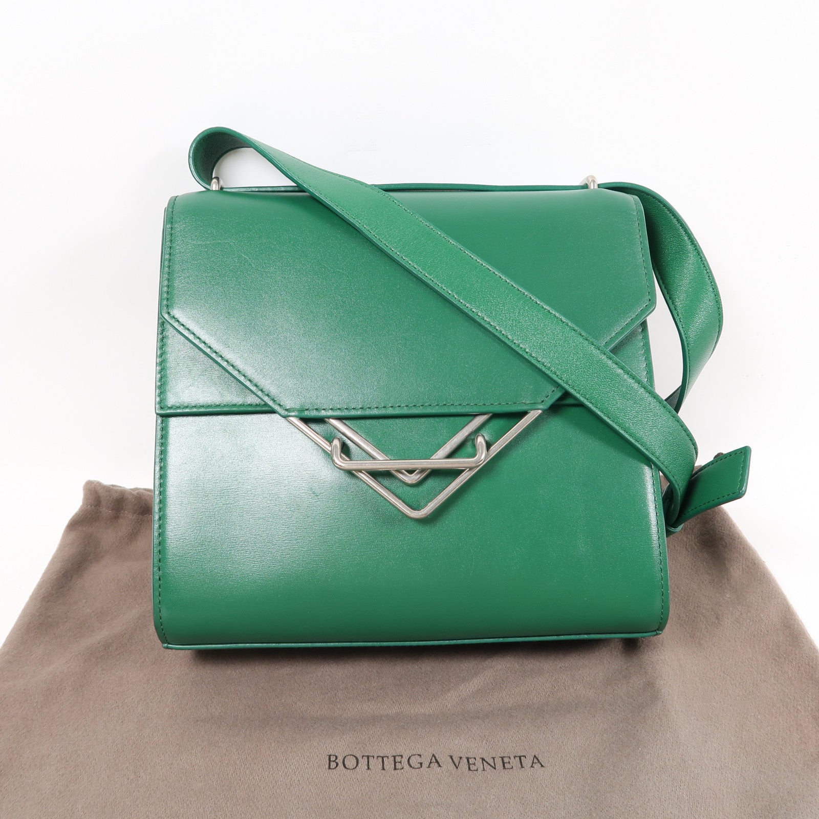 BOTTEGA VENETA 【激減優惠】牛皮皮革The Clip銀扣肩背袋綠色