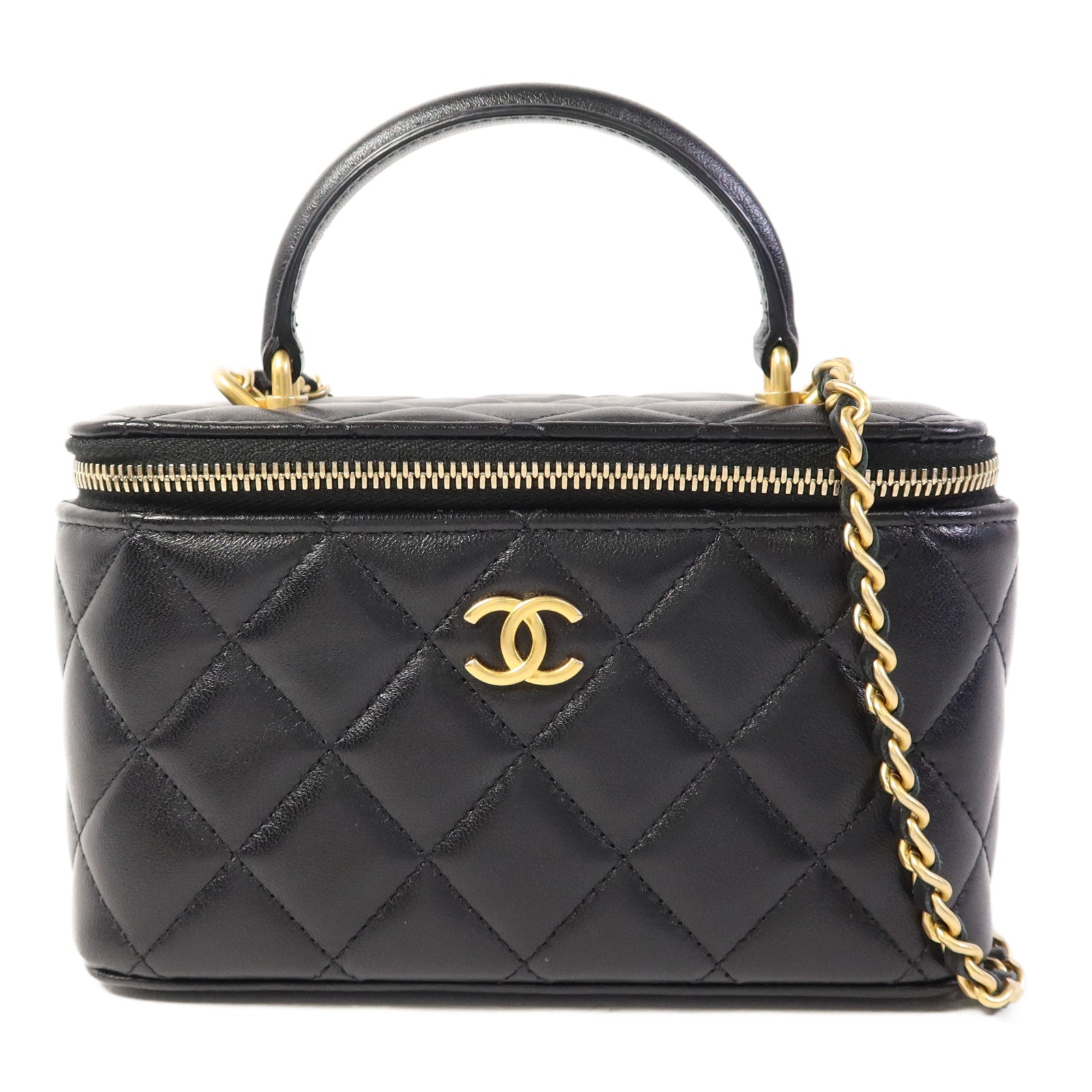 CHANEL 羊皮皮革Vanity Case金扣鏈帶手挽肩背兩用袋