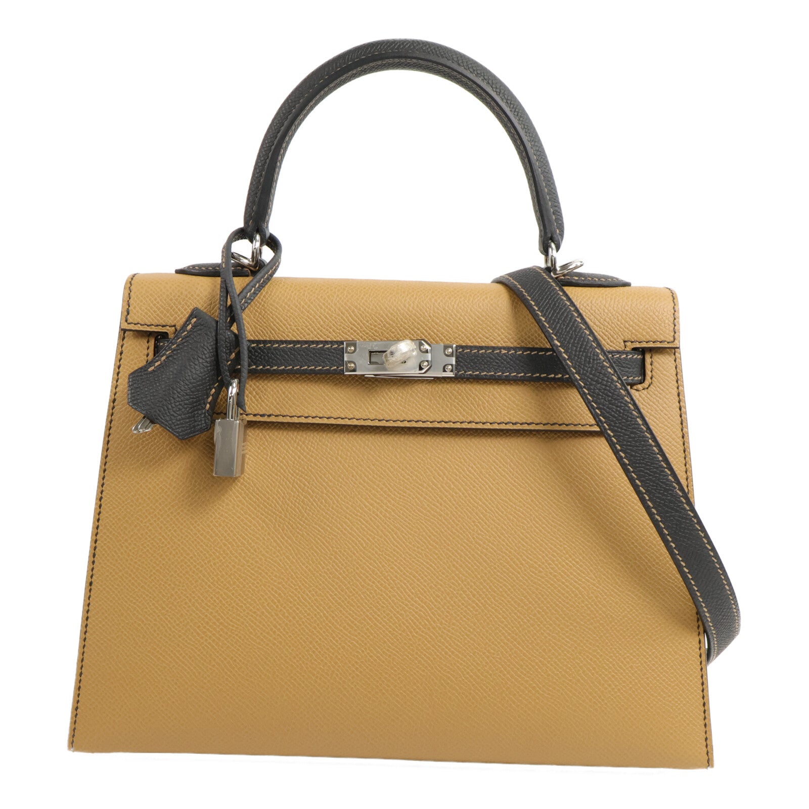 HERMES Epsom皮革Kelly Sellier 25手挽袋Noir/Biscuit