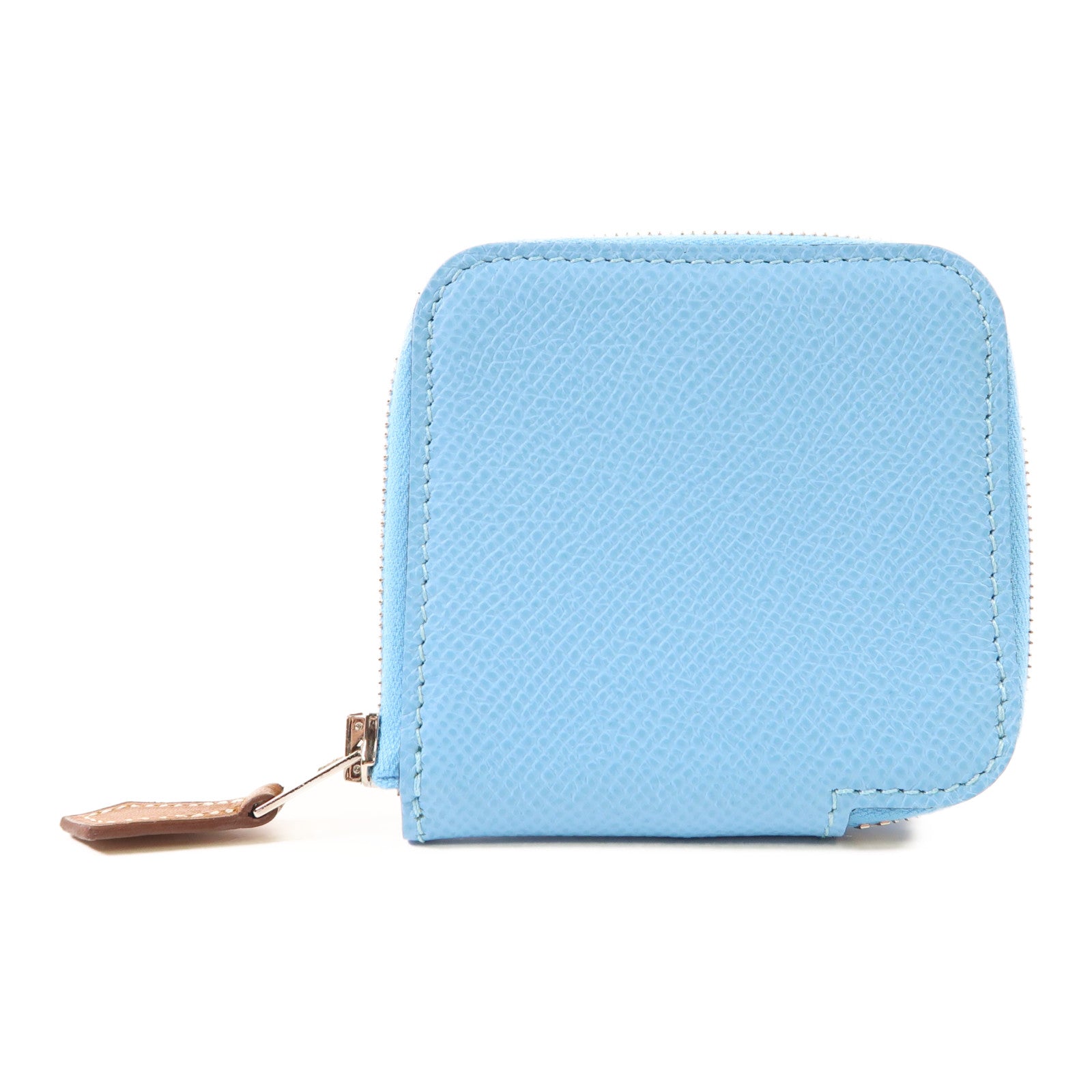 HERMES Epsom皮革Silk In Change Purse銀扣零錢包Bleu Celeste