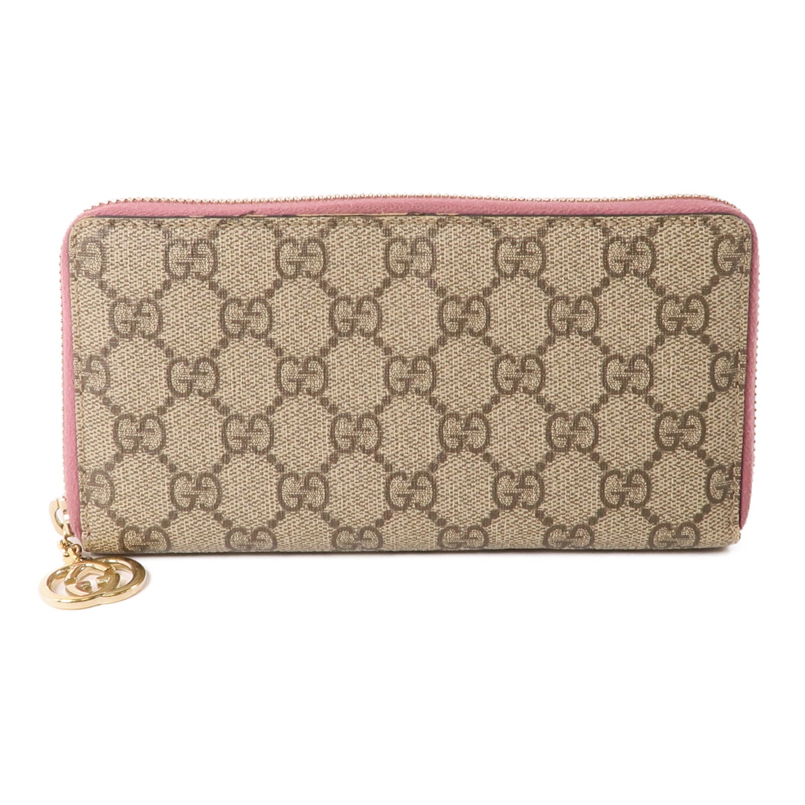 GUCCI 塗層帆布Long Wallet金扣長錢包棕色/粉紅色