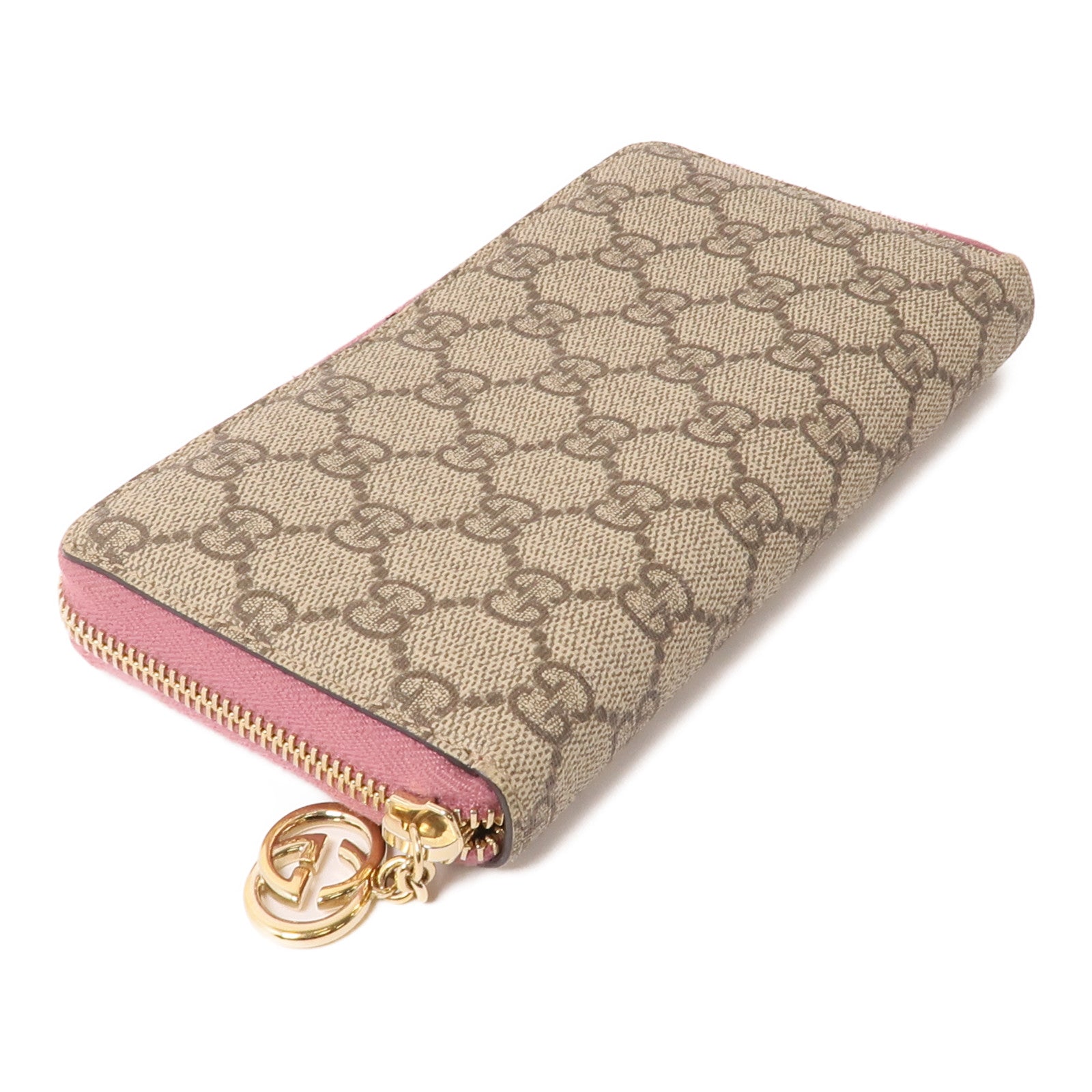 GUCCI 塗層帆布Long Wallet金扣長錢包棕色/粉紅色