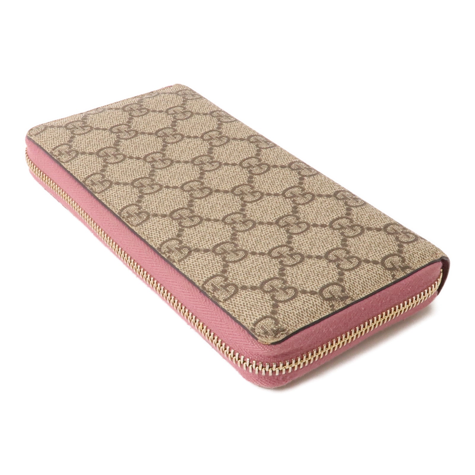 GUCCI 塗層帆布Long Wallet金扣長錢包棕色/粉紅色