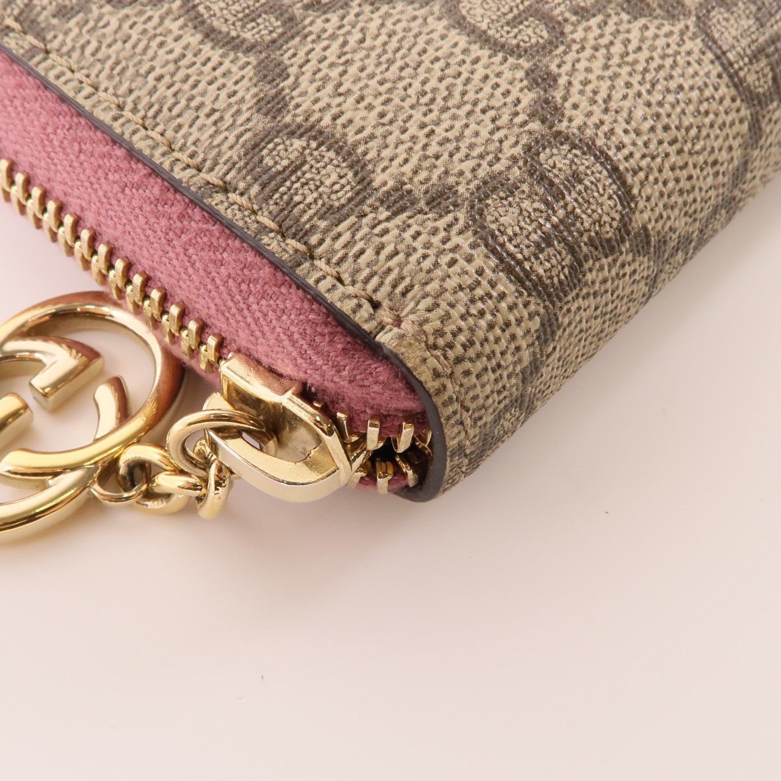 GUCCI 塗層帆布Long Wallet金扣長錢包棕色/粉紅色