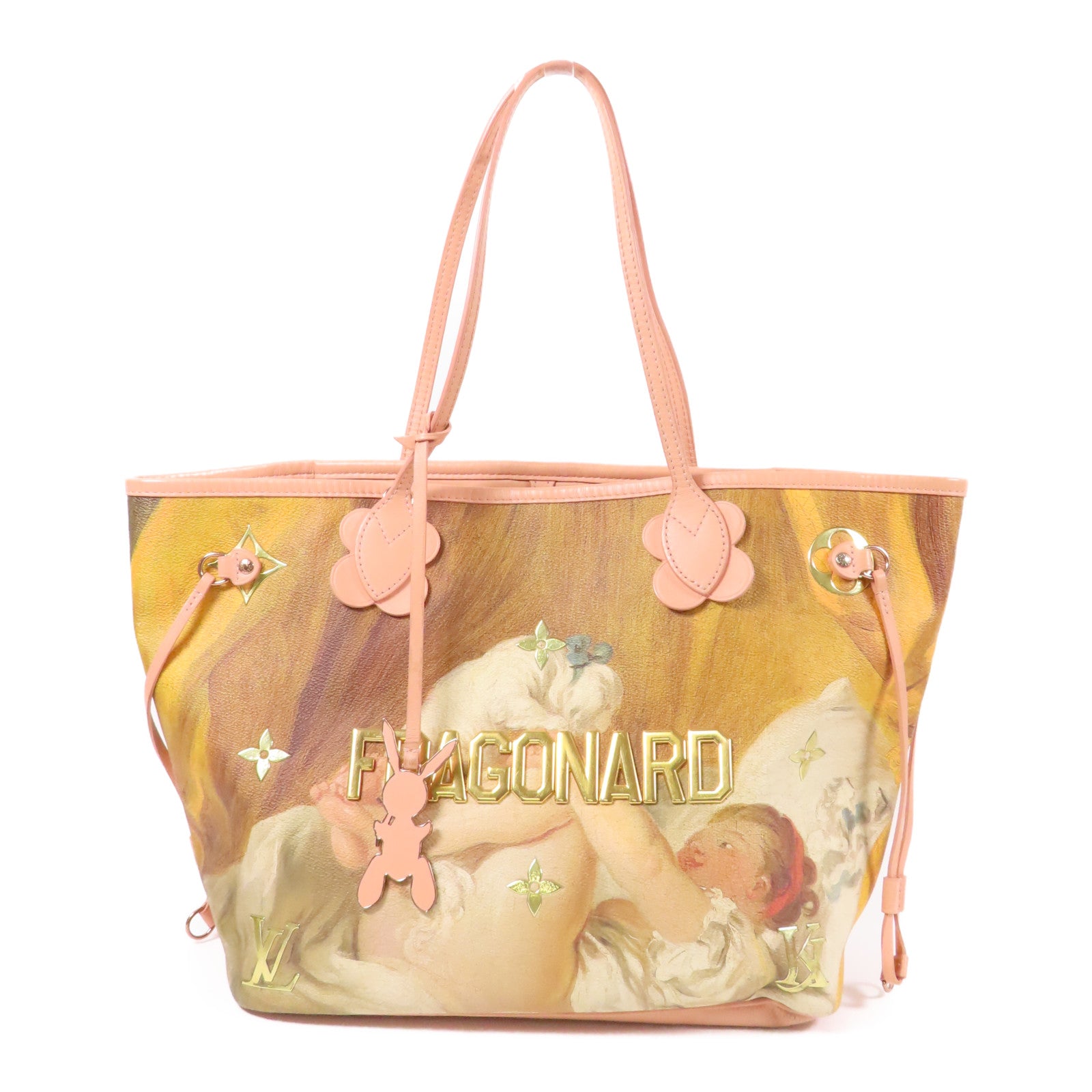 LOUIS VUITTON 塗層帆布/牛皮皮革Masters Collection Fragonard Neverfull MM手挽袋棕色/粉紅色