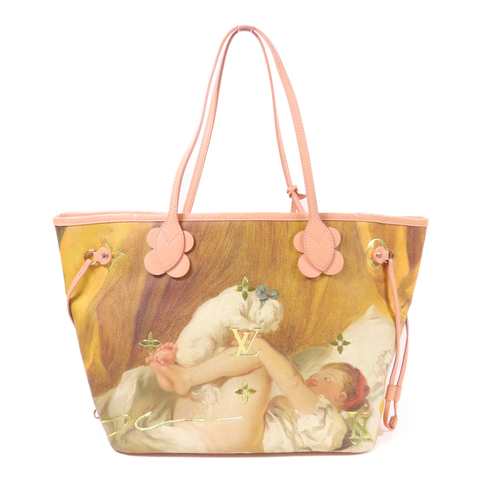 LOUIS VUITTON 塗層帆布/牛皮皮革Masters Collection Fragonard Neverfull MM手挽袋棕色/粉紅色