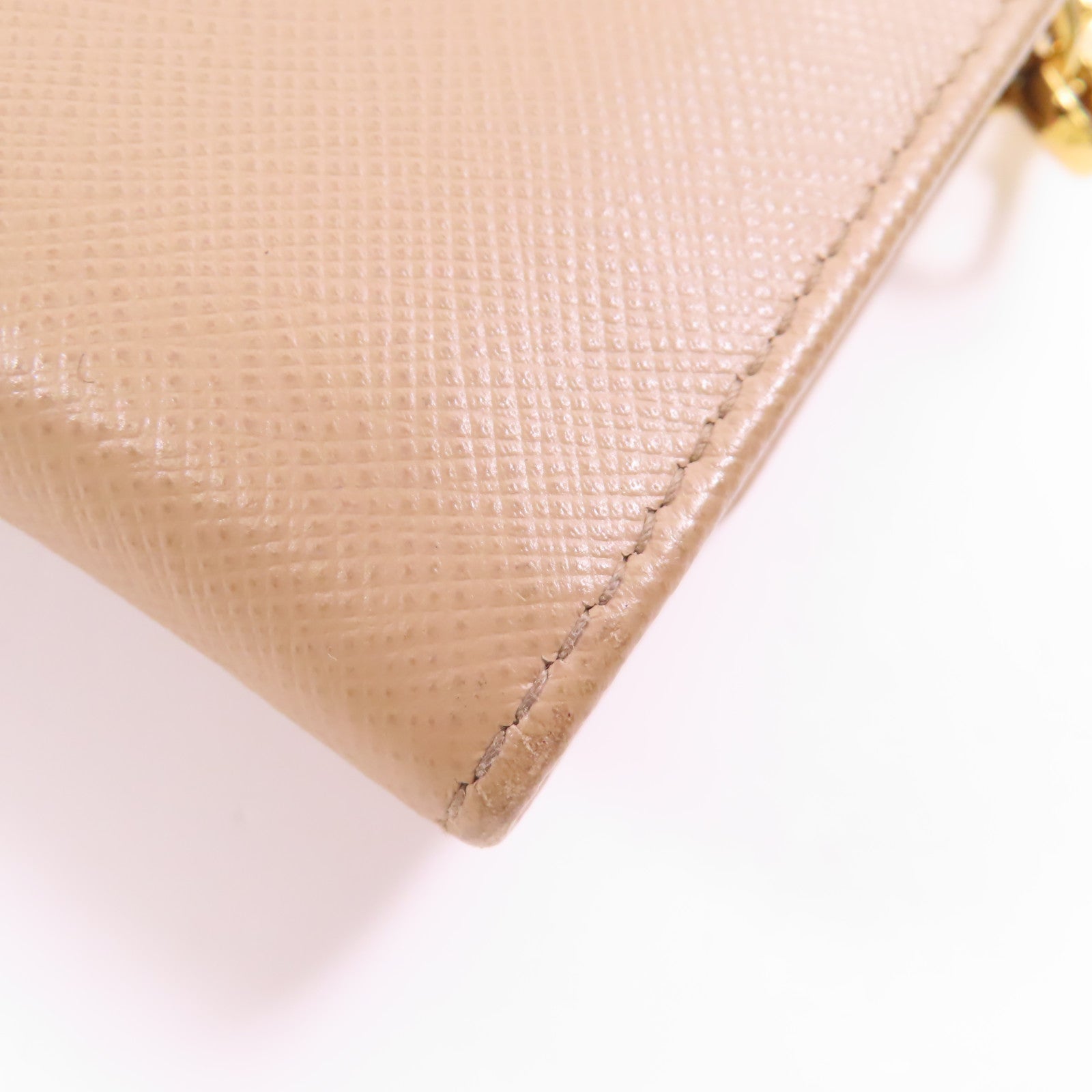 PRADA GHW Card Case With Chain Saffiano Leather Beige