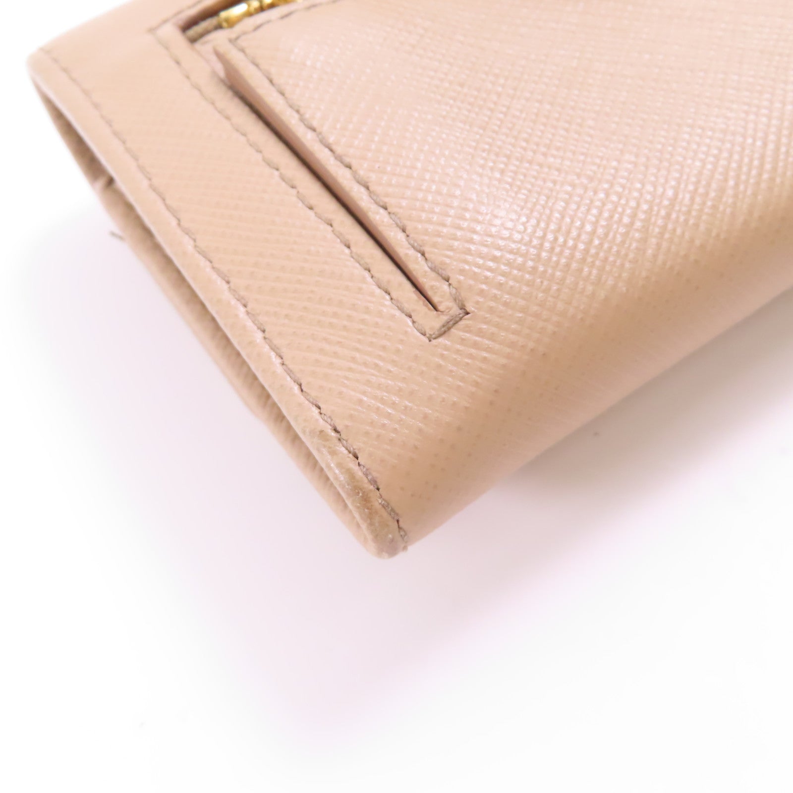 PRADA GHW Card Case With Chain Saffiano Leather Beige