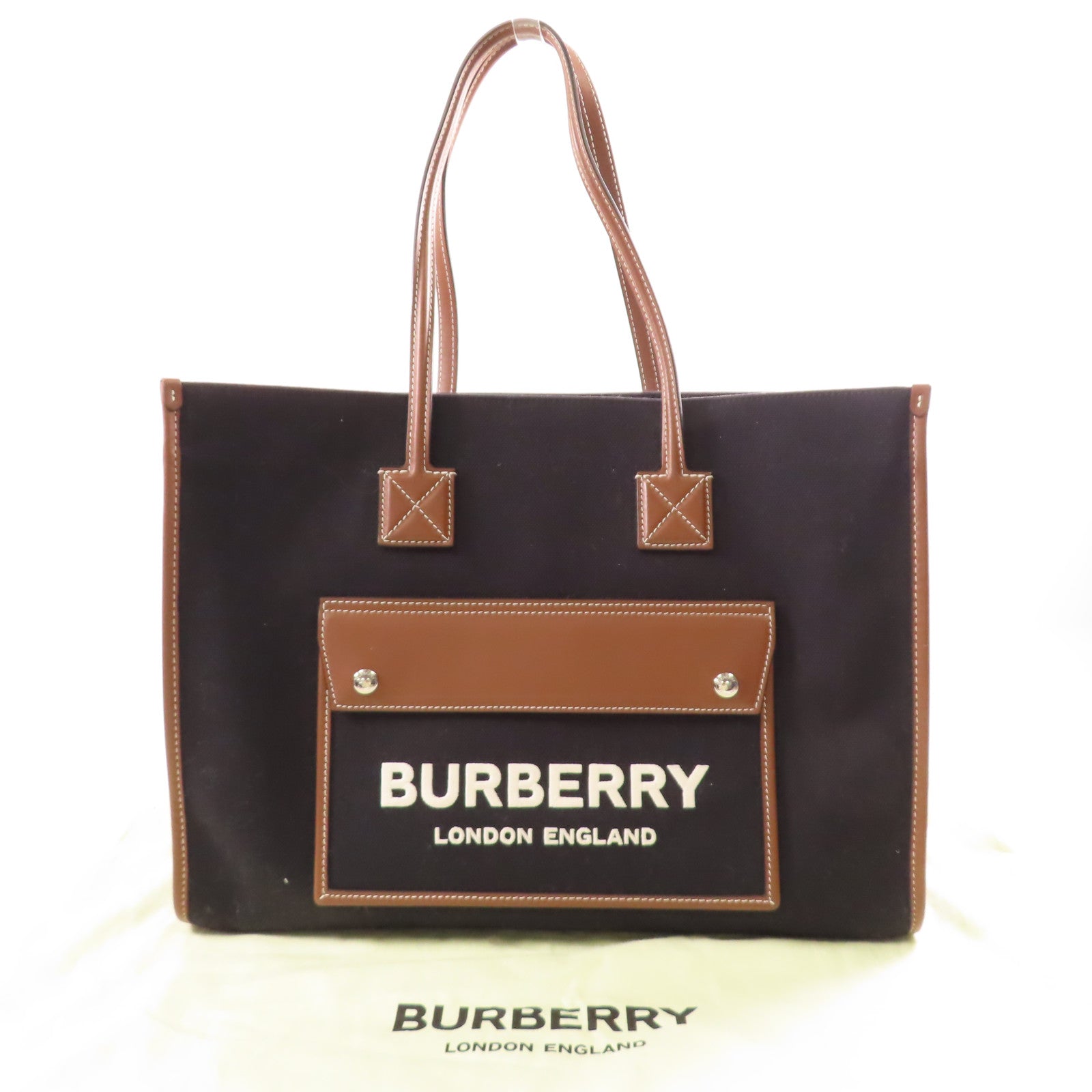 BURBERRY 帆布Freya Tote銀扣手挽袋黑色/棕色