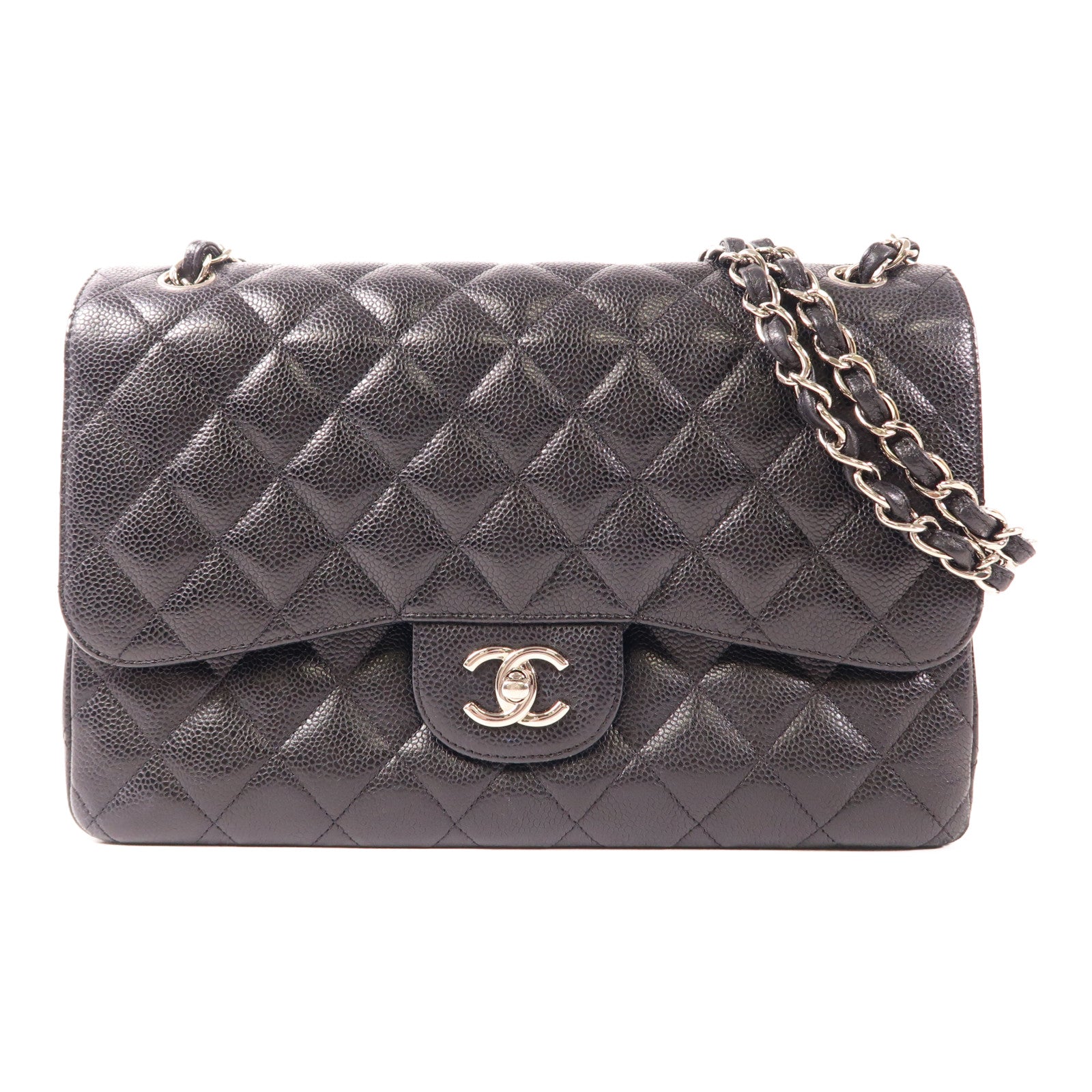 CHANEL 牛皮皮革Large Classic銀扣鏈帶肩背袋