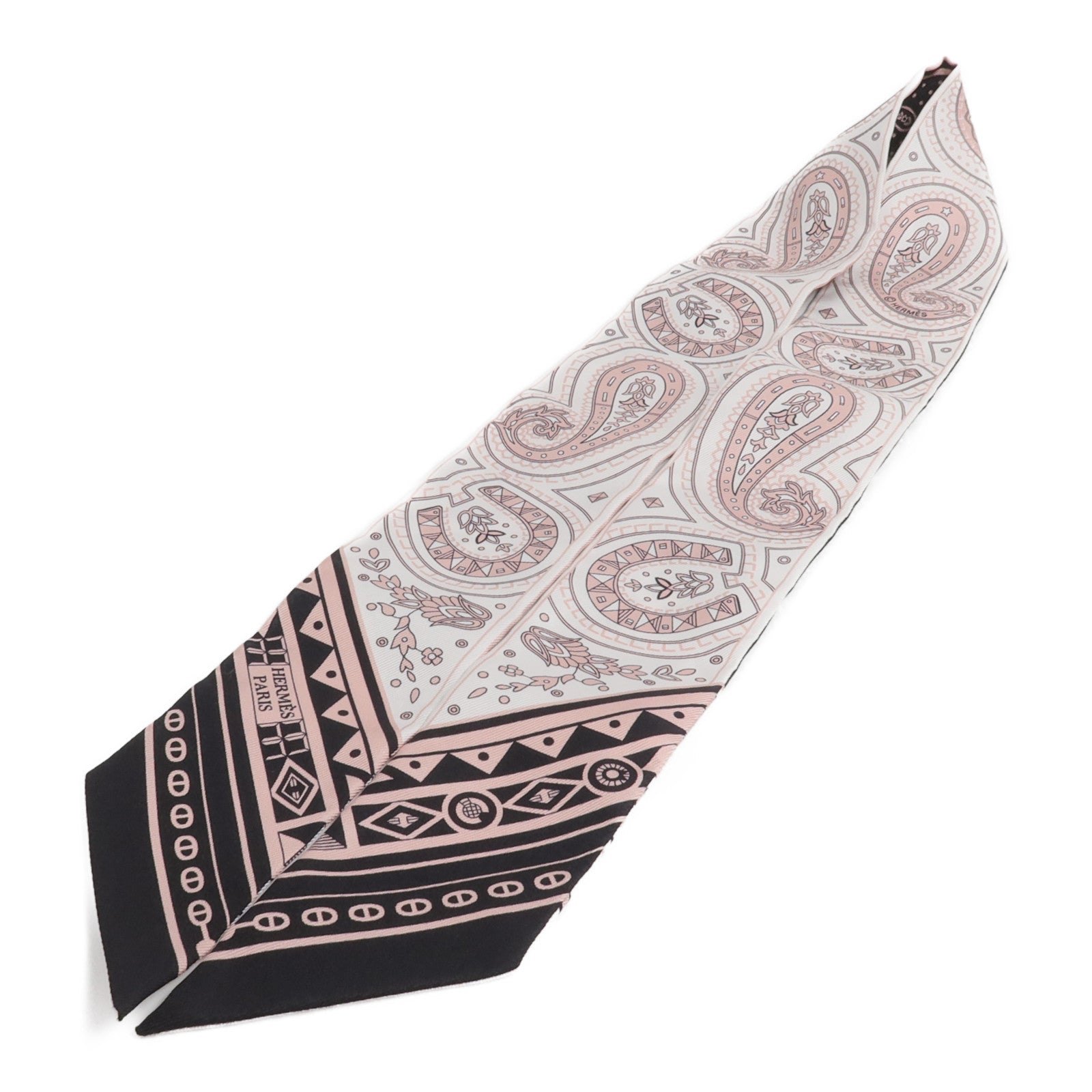 HERMES 絲質Cheval de Coeur Bandana Twilly絲巾Noir/Blanc/Vieux Rose