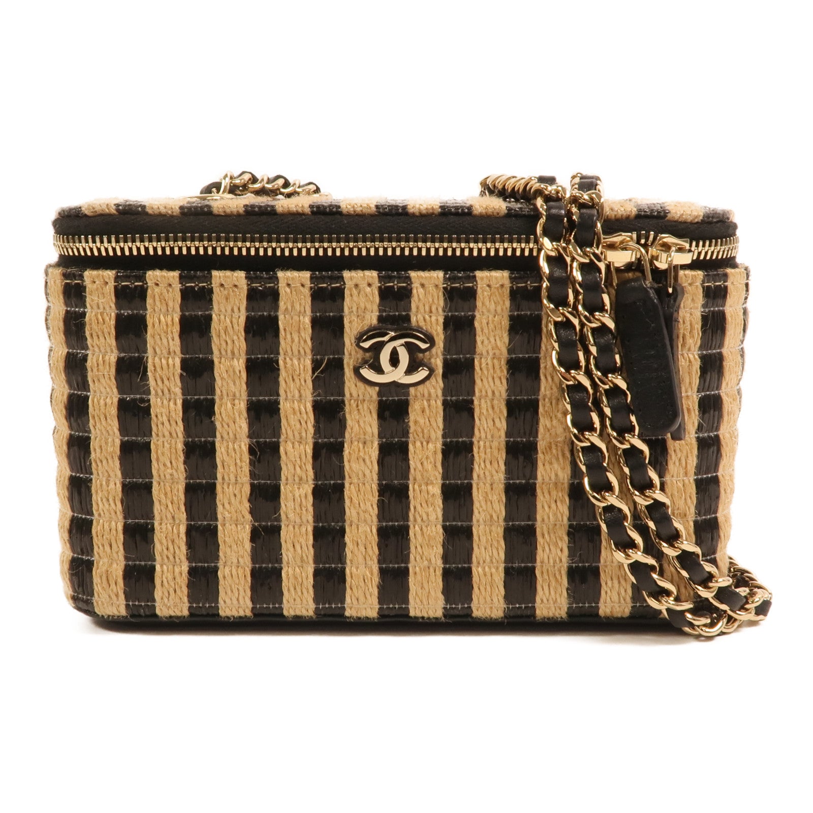 CHANEL Raffia Vanity Case金扣鏈帶肩背袋