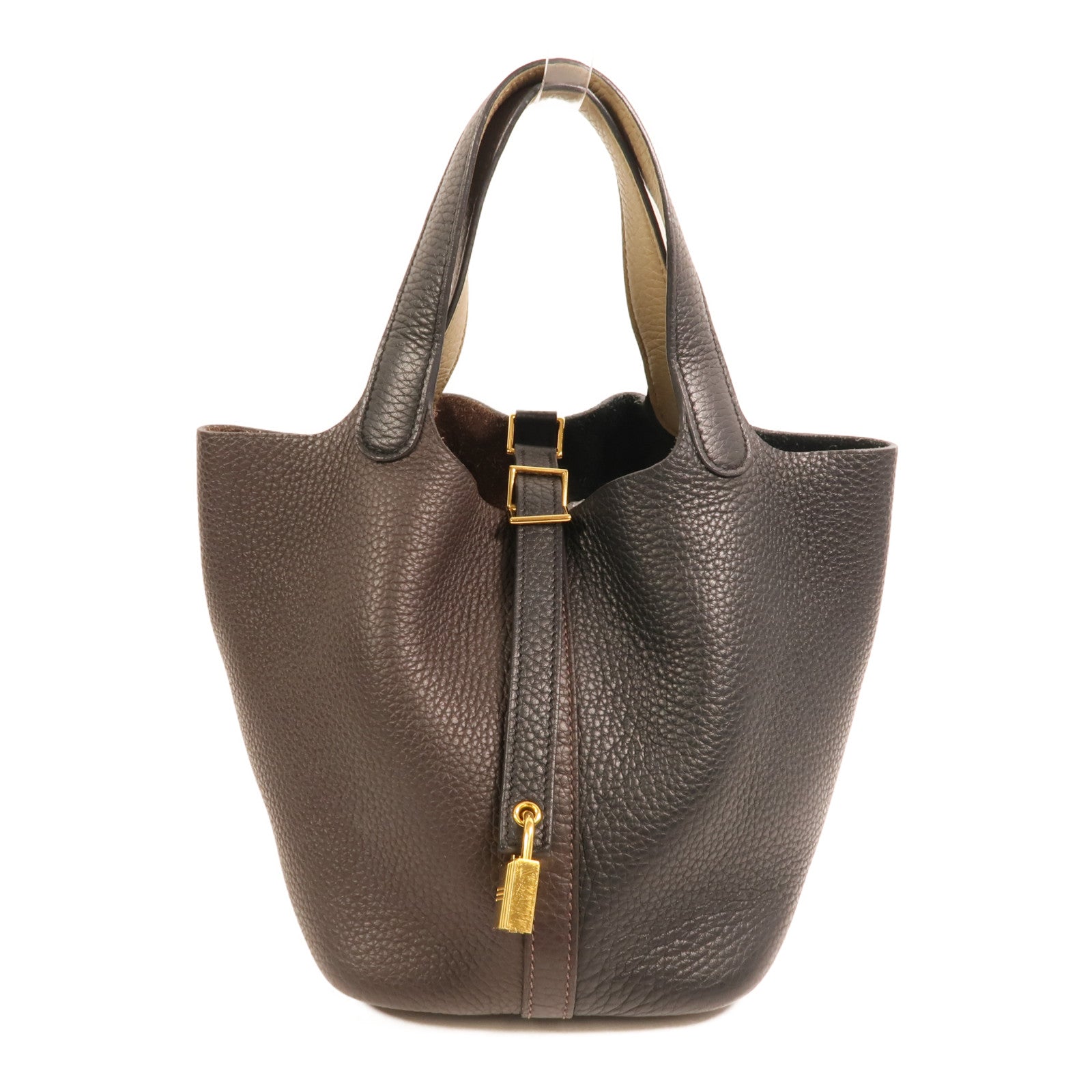 HERMES Clemence皮革Picotin PM金扣手挽袋Noir/Ebene