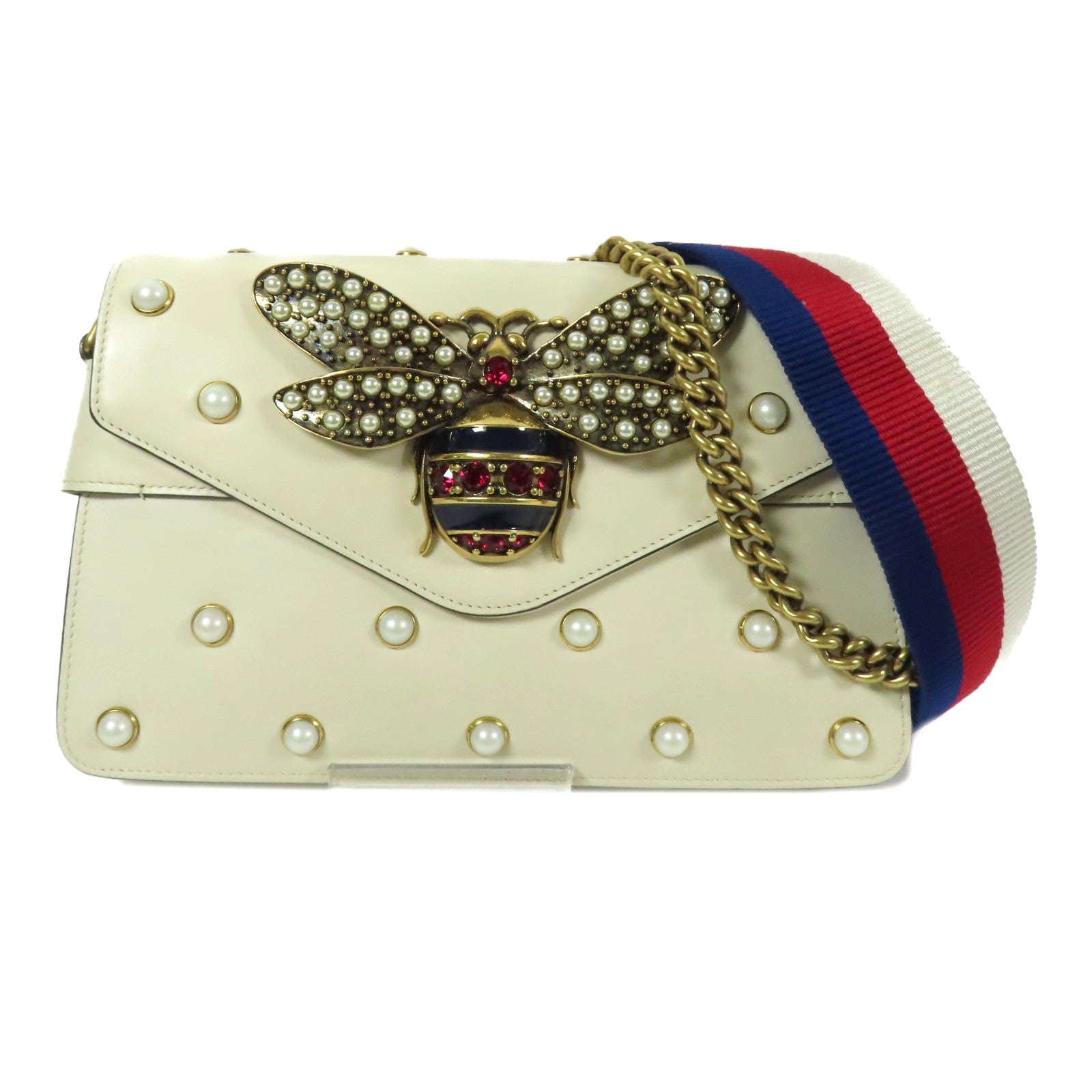 GUCCI GG GHW Broadway Pearl Bee Shoulder Bag Calfskin Leather Beige